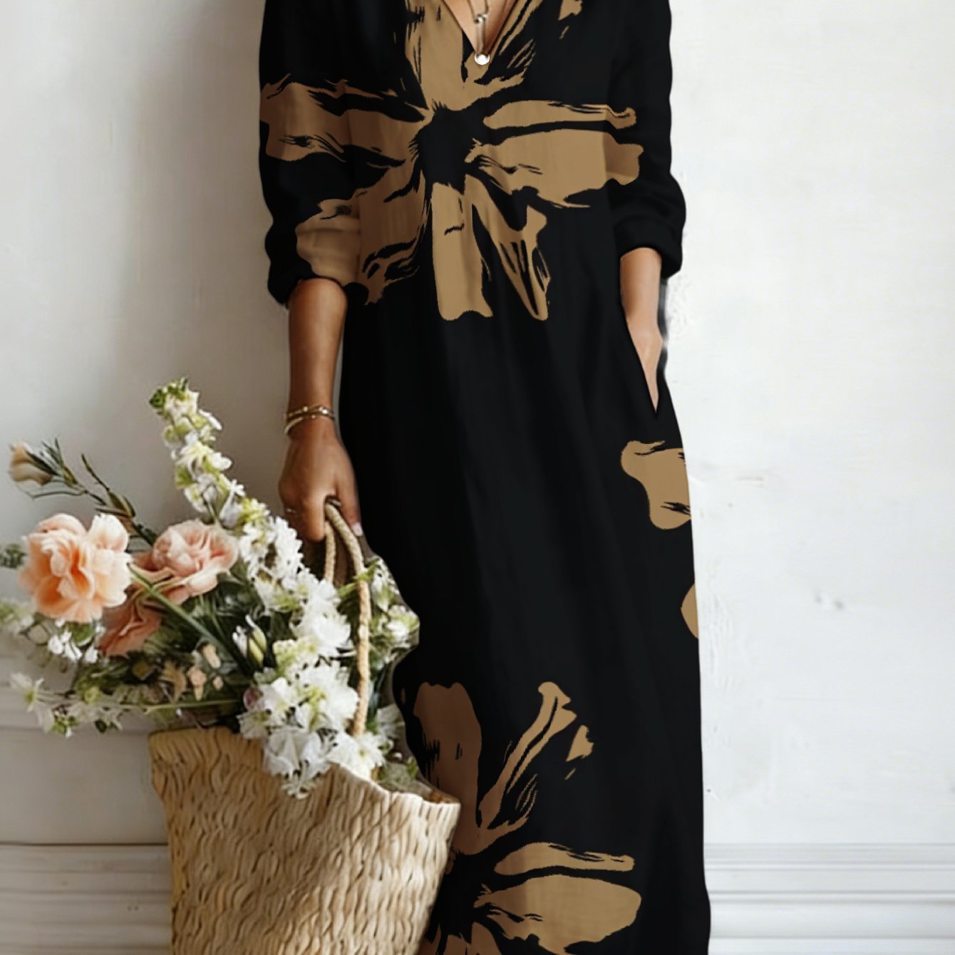 Image of Plus Size, New Arrival Women Plus Size 3 Quarter Sleeve Dress With Full Print Of Coffee Abstract Large Flowers Cool Loose Midi Dress Outdoor Street Fashion Versatile Minimalist Elegant Look