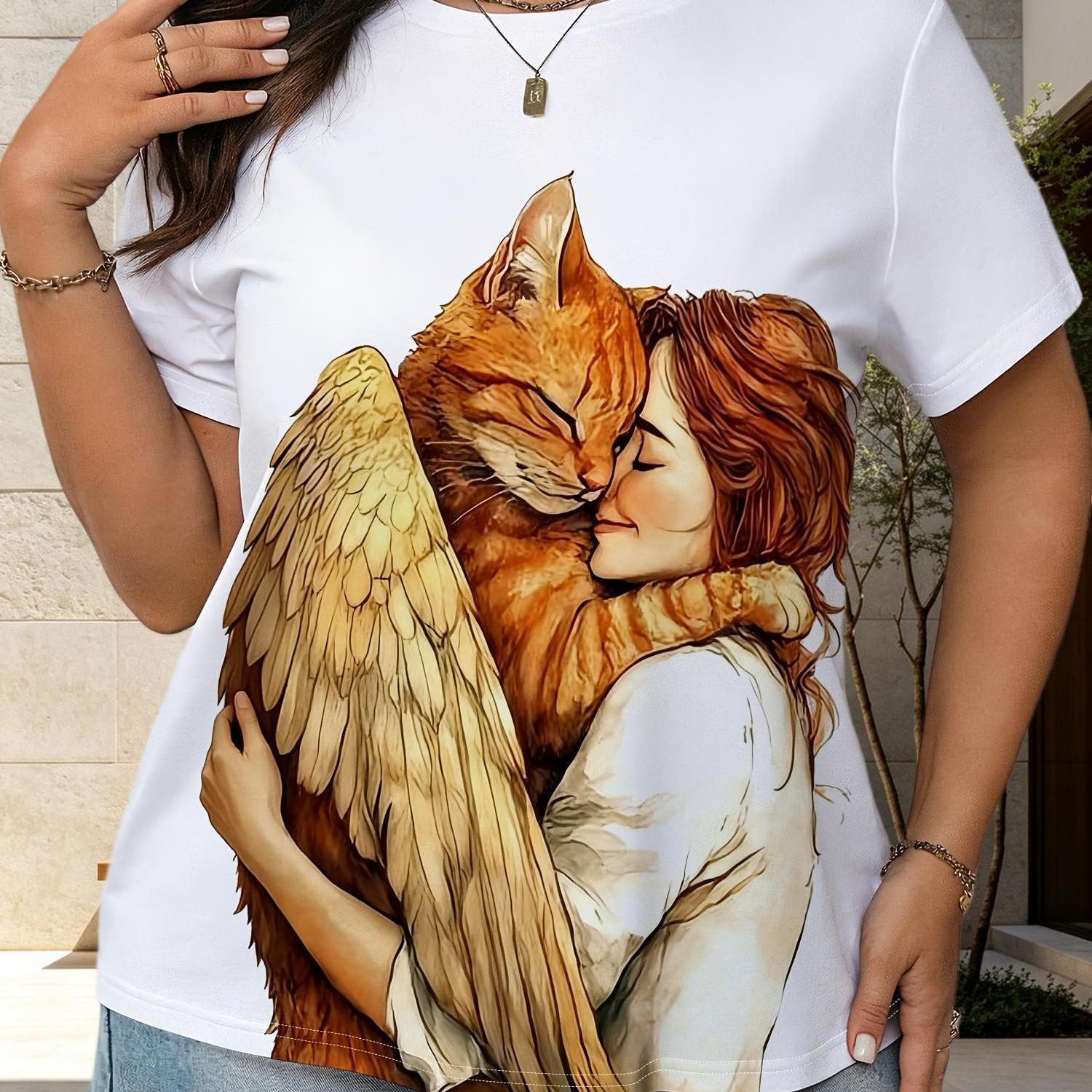TEMU Printed Design - Not Textured Women's Casual Short-sleeve T-shirt, Featuring A Print Of A Holding A Cat In A Warm Embrace, With A Basic, Gentle,