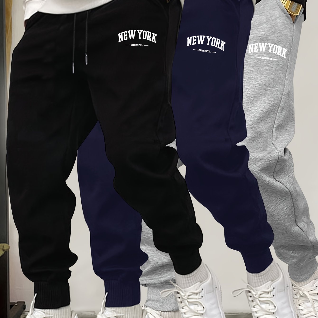 TEMU Men's Fleece Sweatpants 3pcs Autumn And Winter Warm Long Pants 3pcs Casual Sports Long Pants Adjustable Drawstring Pants Men