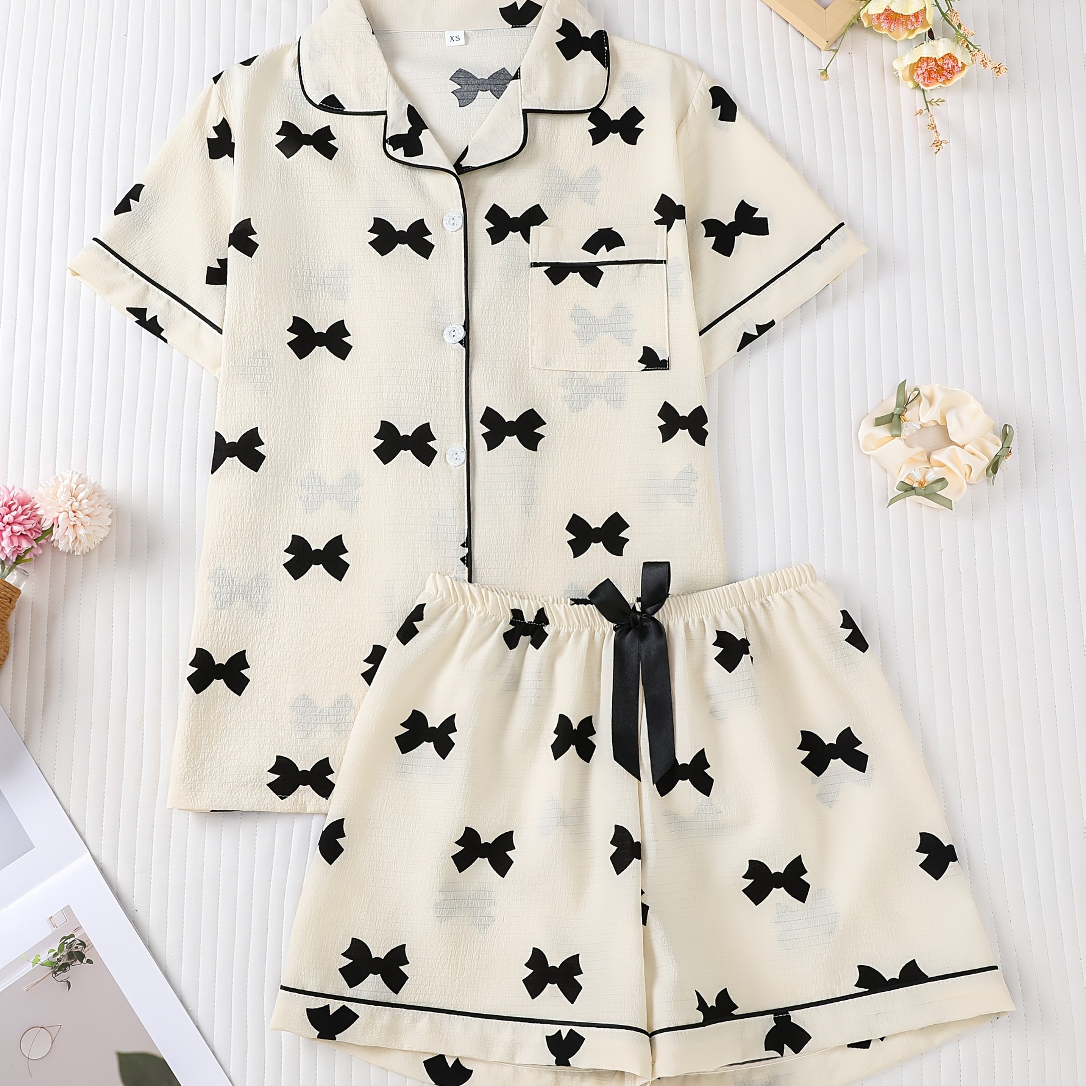 ' New Outfit Spring Summer Wearable Pajamas Short Sleeve And Shorts Easy With Beautiful Buttons And Shorts With Bow Detail, For Teenager, For Teenager