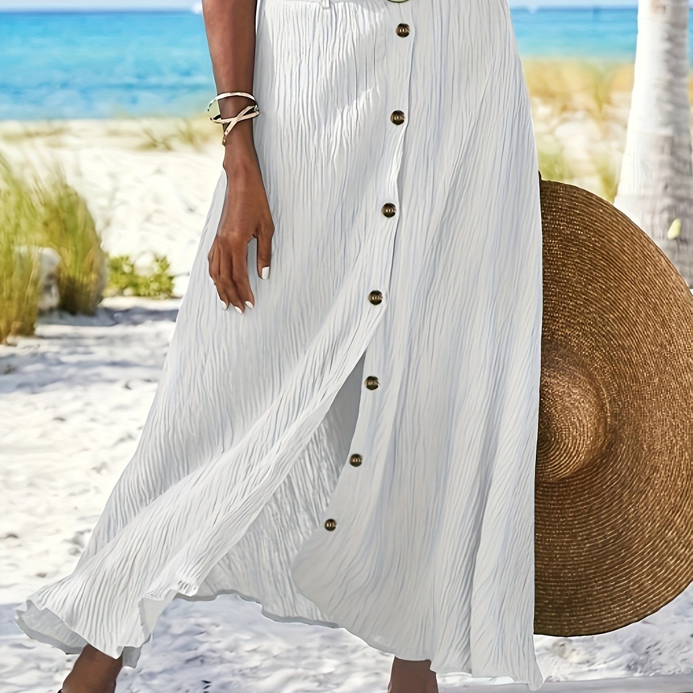 Image of Women's Elegant Semi-sheer Midi Skirt With Side Slit - Mid-rise Stretchy Polyester A-line Skirt, Button Closure & Machine Washable, Versatile For Casual & Formal Wear