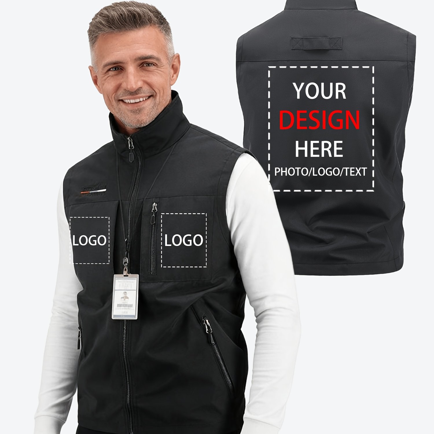 TEMU Personalized Logo Vest, Corporate Custom Workwear, Men's Vest With Logo Print, Text Design, Suitable For Outdoor Activities, Fishing And Hiking