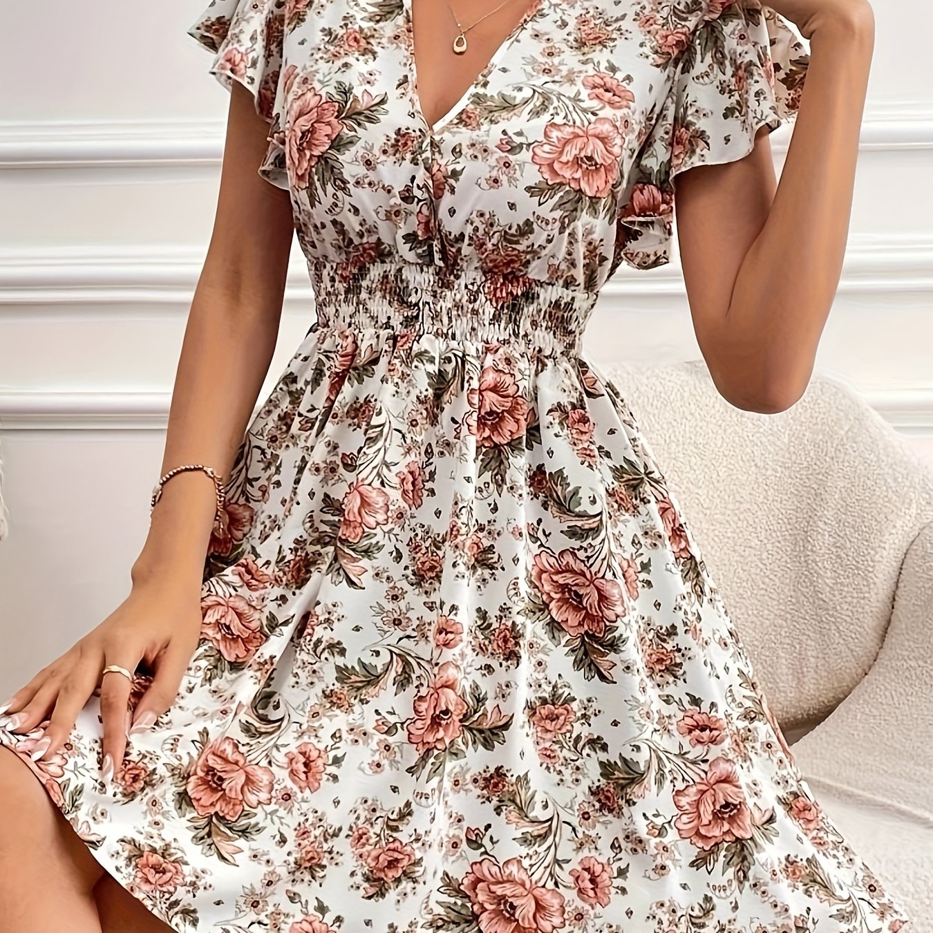 floral print shirred waist dress elegant ruffle sleeve v neck dress spring summer womens clothing