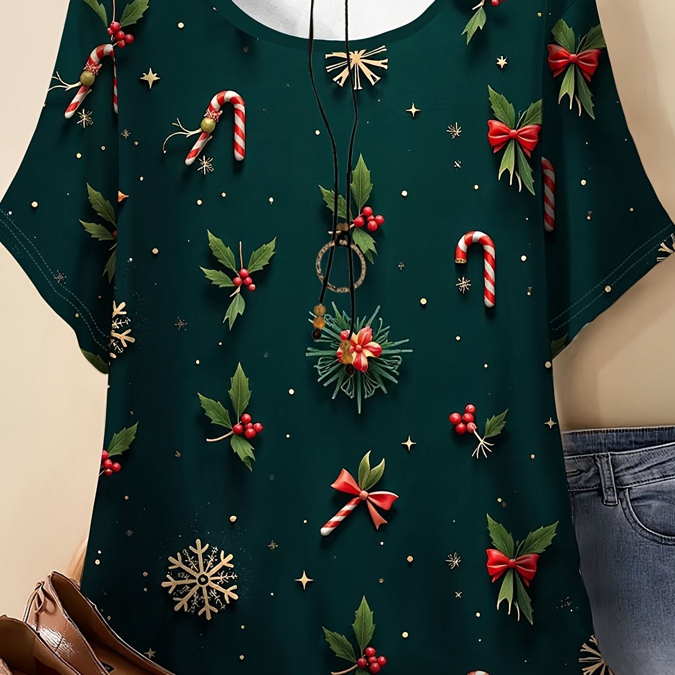 TEMU Plus Size, Plus Size Women's Hot Christmas Print T-shirt - Soft, Stretchy, And Breathable Fabric, Loose Neck Short Sleeve Top, Suitable For