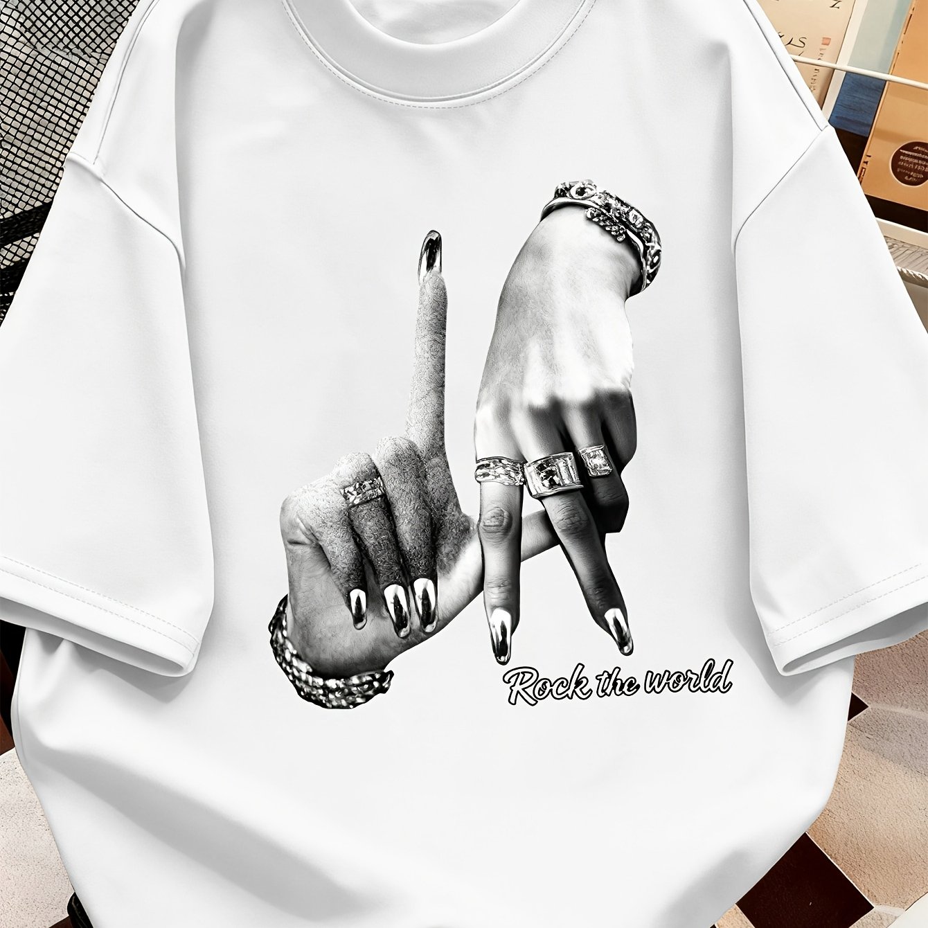 TEMU American Hip-hop Vintage Women's Short-sleeve T-shirt With Hand Gesture Print, Street Style Round Neck Top, Suitable For Spring/summer Casual