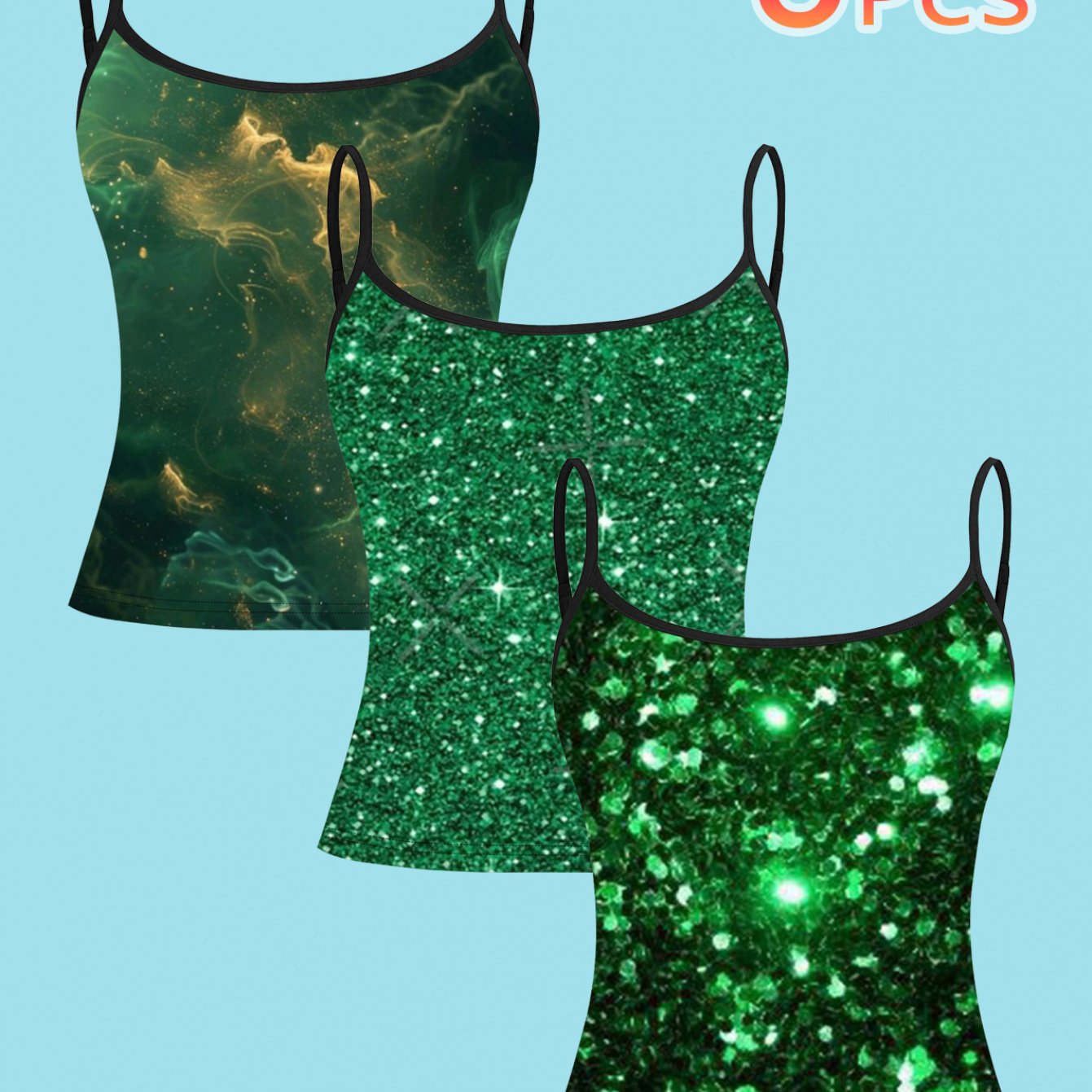 TEMU 3pcs Set: Forest Iridescent Emerald Shadow Print Spaghetti Strap Camisole, Light Luxury Forest-inspired Top
