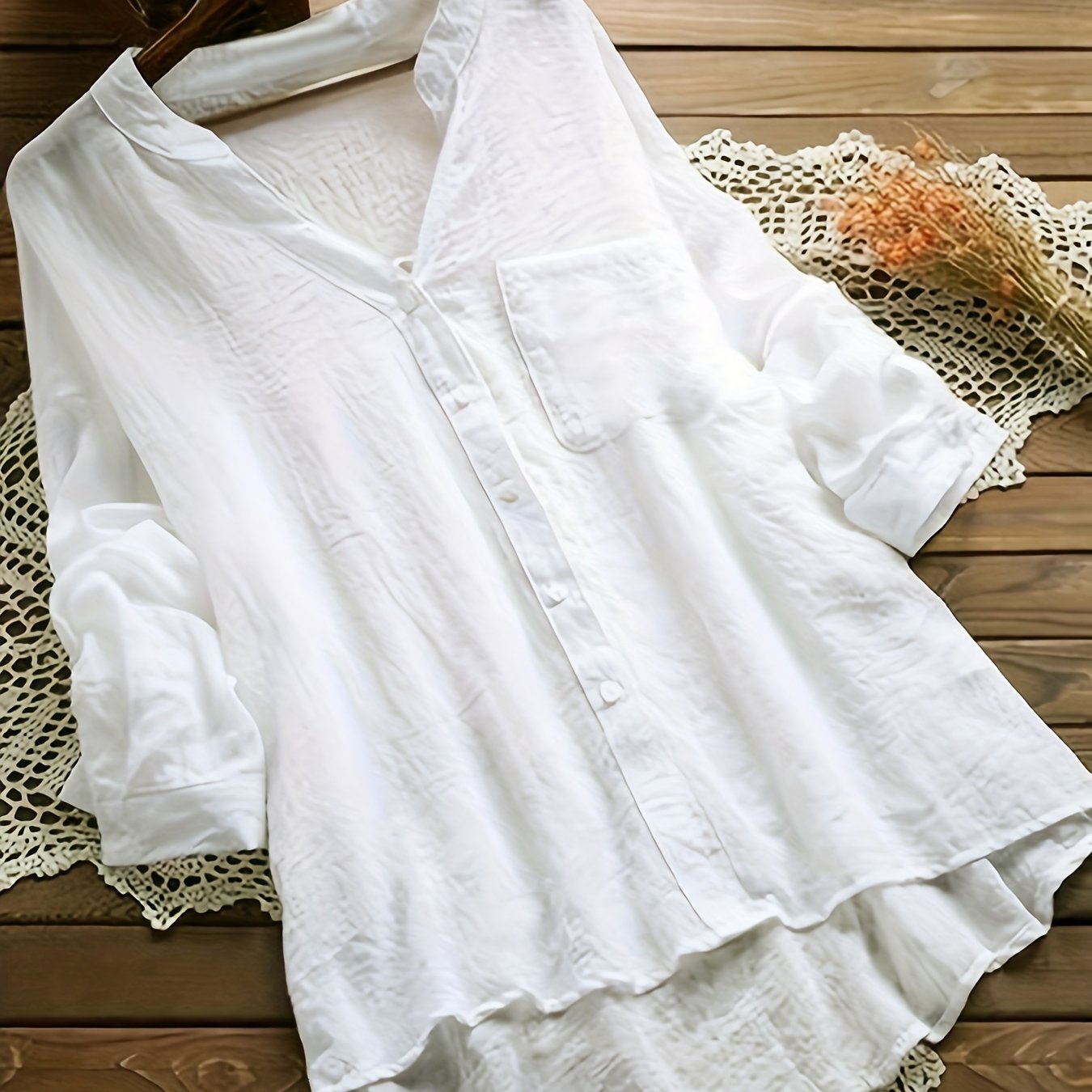 Image of Plus Size - Plus Size - 2023v-neck Spring And Autumn Trade Women's Shirt, Temperament, Loose And Long-sleeved Top, Women's Shirt