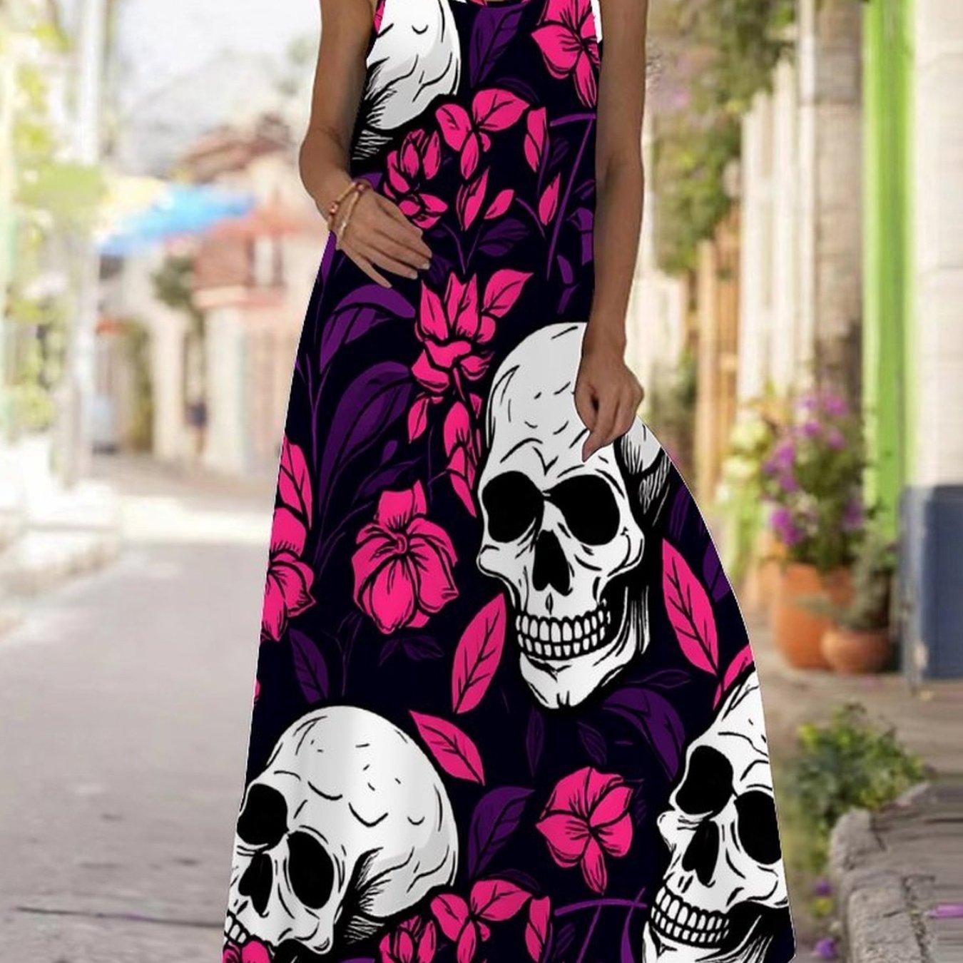 Plus Size - Women's Plus Size Spaghetti Strap Round Neck Dress, Boho Print, Ideal For Daily, Date & Party Wear