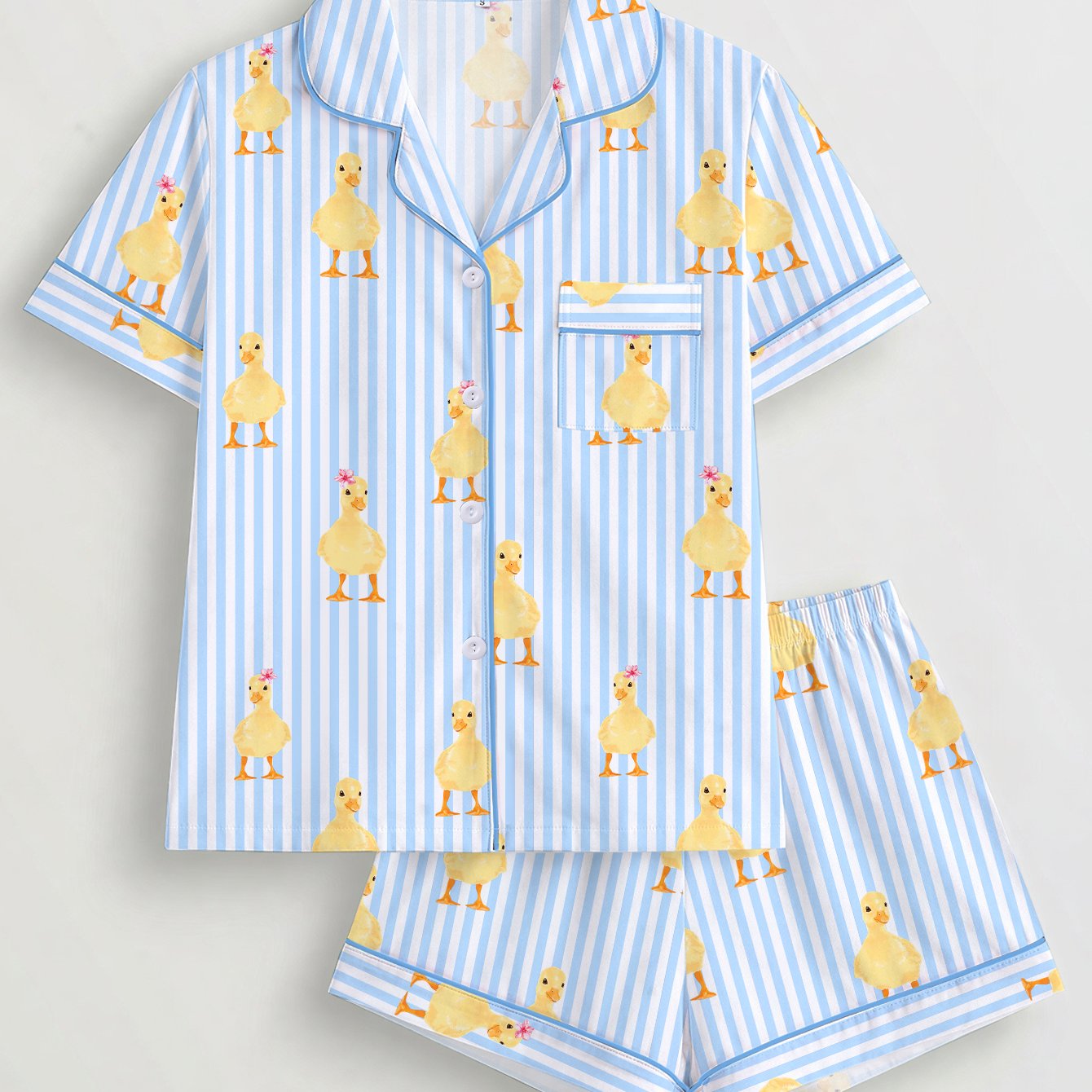TEMU Women's Blue White Pinstripe Small Yellow Duck Print 2pcs Pajama Set, Lapel Open Front Short Sleeve Top And Elastic Waist Shorts, Light Blue