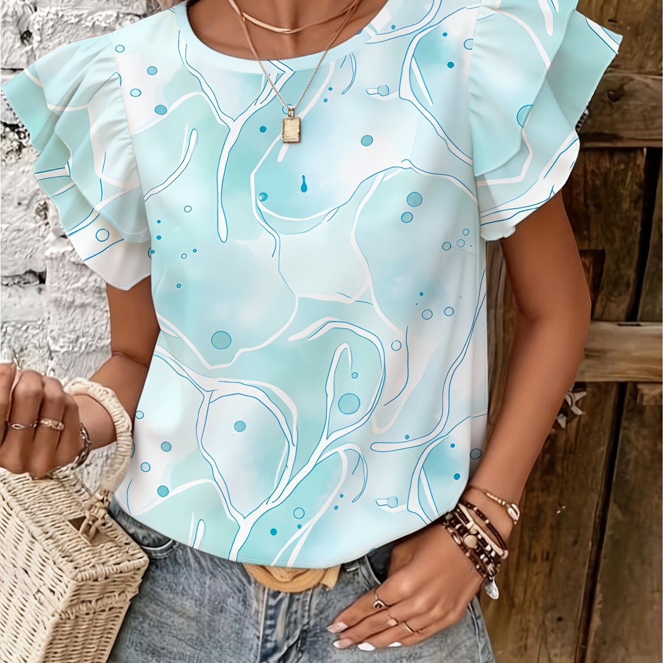 TEMU Light Blue Puff Sleeve Short Sleeve Top, Women's Round Neck Pullover, Summer Casual Fashion T-shirt