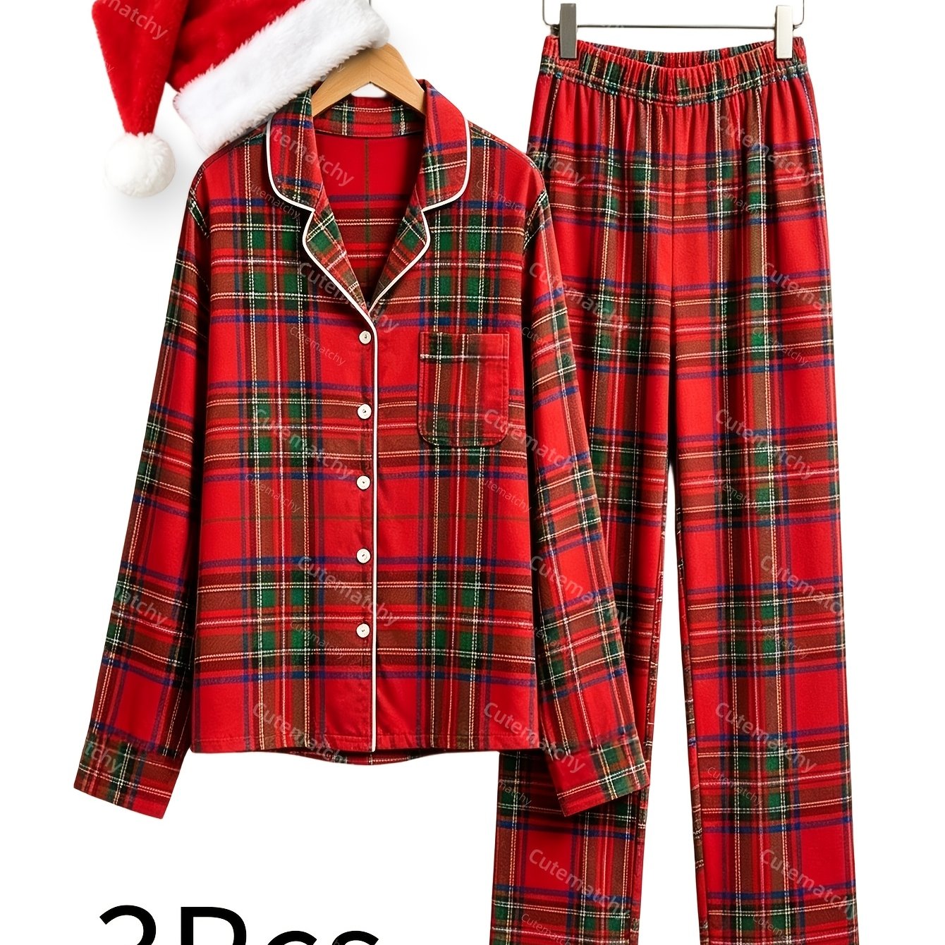 Image of 3pcs Festive Red And Green Checkered Pajama Set, Long Sleeve Button- Loungewear With Santa Hat, Christmas Gift For Women