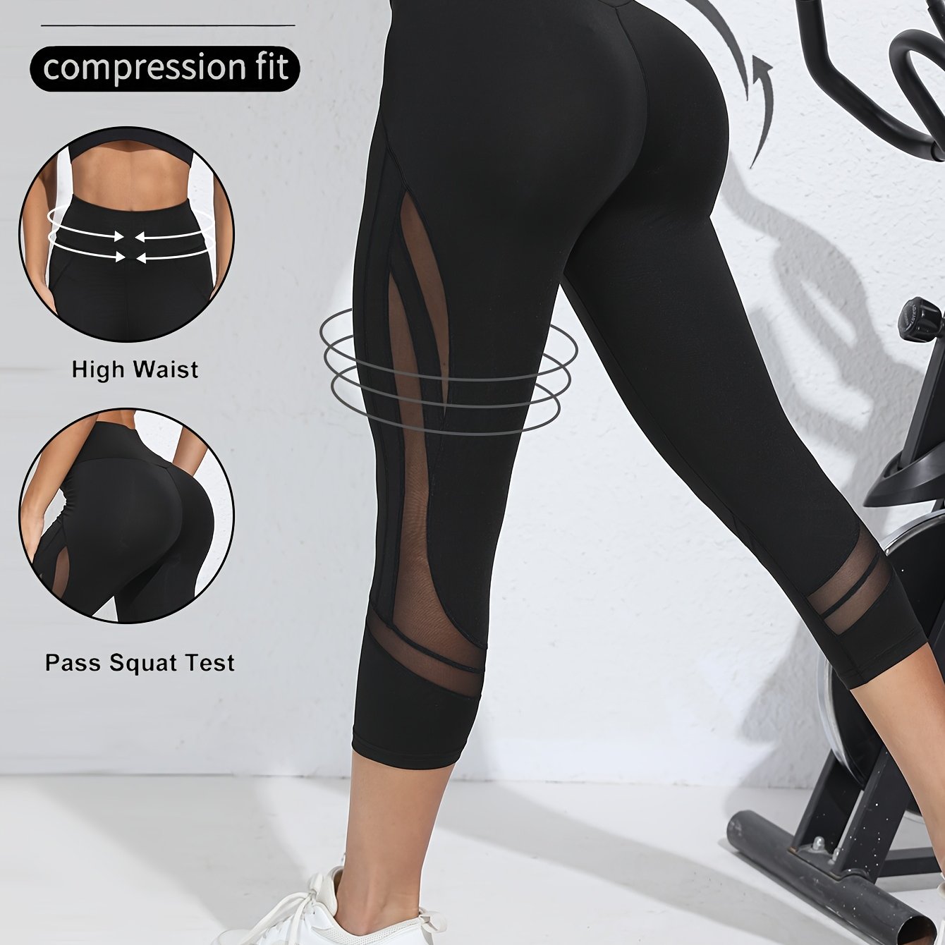 E-shop Sommer 3/4 Länge Mesh Panel Yoga Leggings, High-Waist Schnelltrocknende Mode Fitness Sport Tights