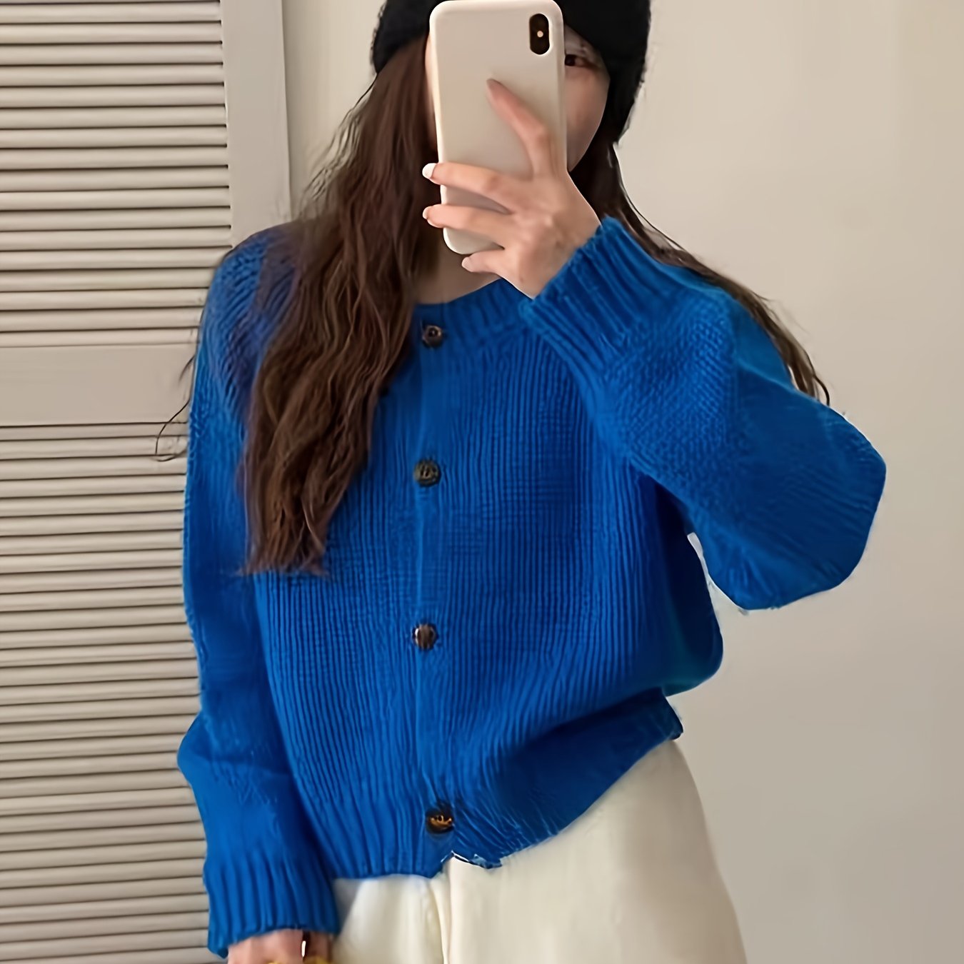 TEMU 여성용 한국식 두꺼운 가디건 스웨터 코트 - 루즈핏 라운드넥, 버튼으로 잠금이 되는 겨울철 따뜻한 재킷 (캔디색상: 블루), 캐주얼에서 세미포멀까지 어울리는 Elegant Pure Color Design, 핸드워시 & 드라이클리닝, Age-Reducing Comfortable Top for Women