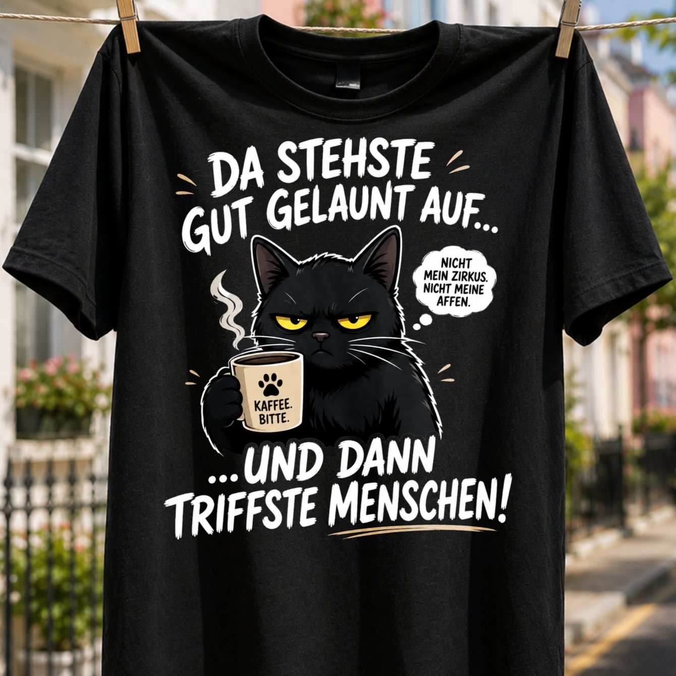 Plus Sizecoffee Cat T-shirt, Black Cat With Cup Graphic, German People Quote, Retro Beige Lettering, Plus Size