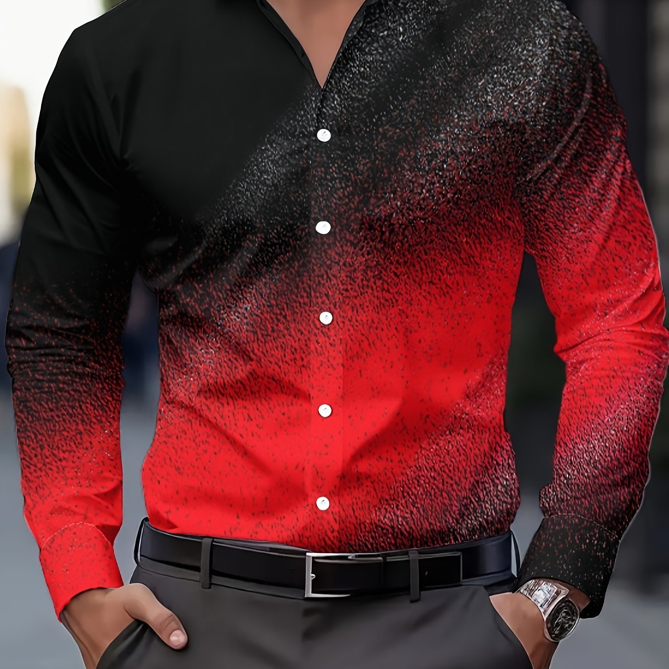 TEMU Men's Fashion Print Shirt, Spring/autumn Casual Breathable Turn- Collar Button-up Long Sleeve Shirt