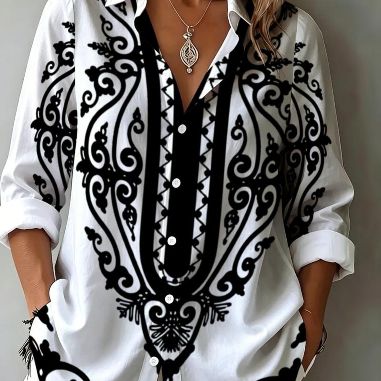 TEMU Women's Beautiful Long Sleeve Shirt, Retro European Scroll Pattern, Easy And , Casual Wear