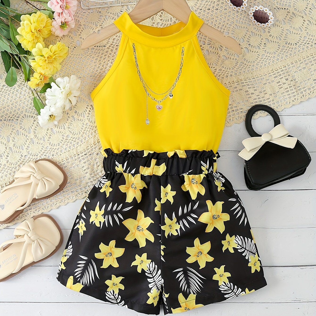 Image of Girls' Set Summer Sleeveless Off-shoulder Fashion Top Solid Color Casual Shorts Two-piece Set, For Outdoor