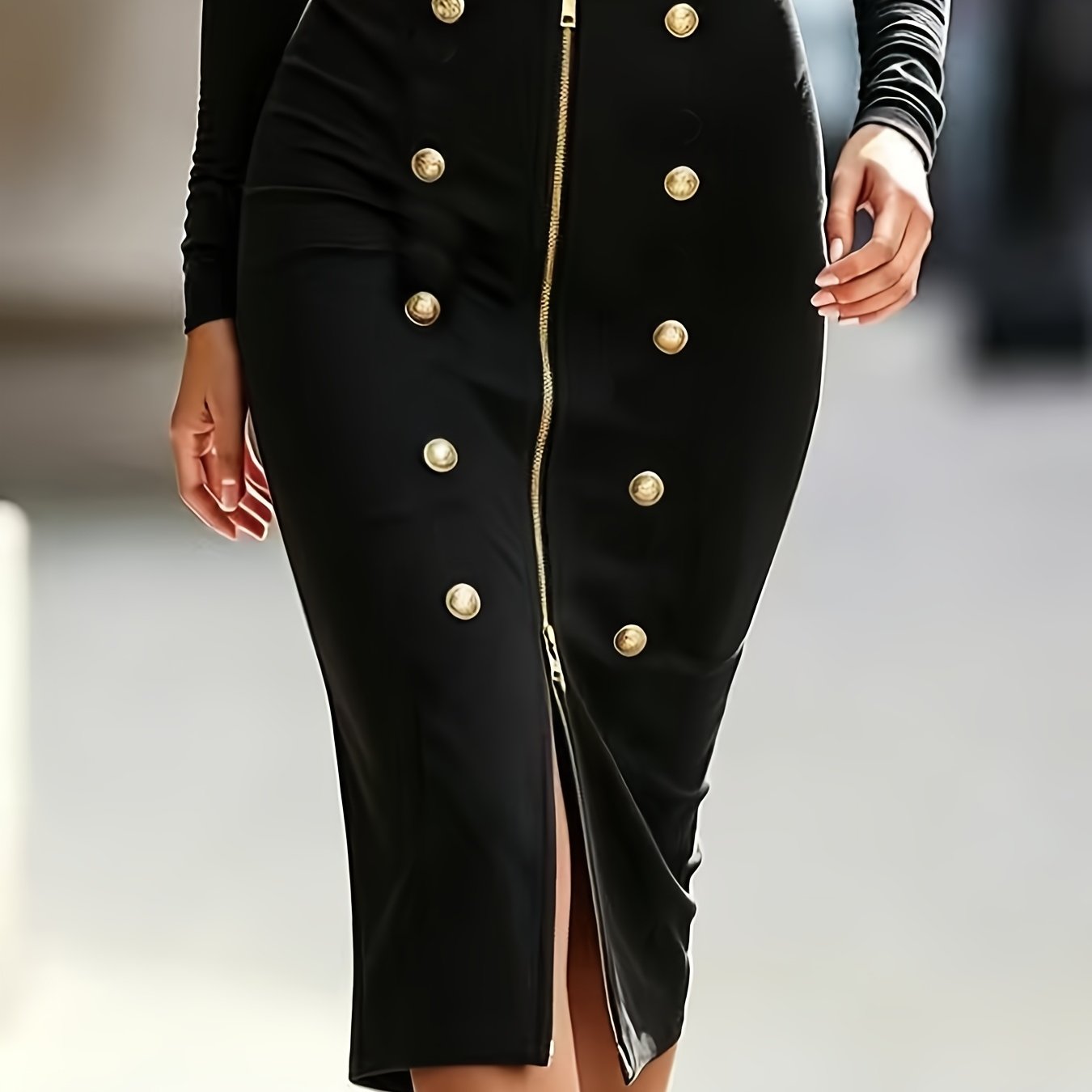 TEMU Élégante Mode Femme Adulte Couleur Unie Boucle Décorative Fermeture Éclair Taille Haute Déplacement Polyvalente Décontractée Slim - Jupe Midi
