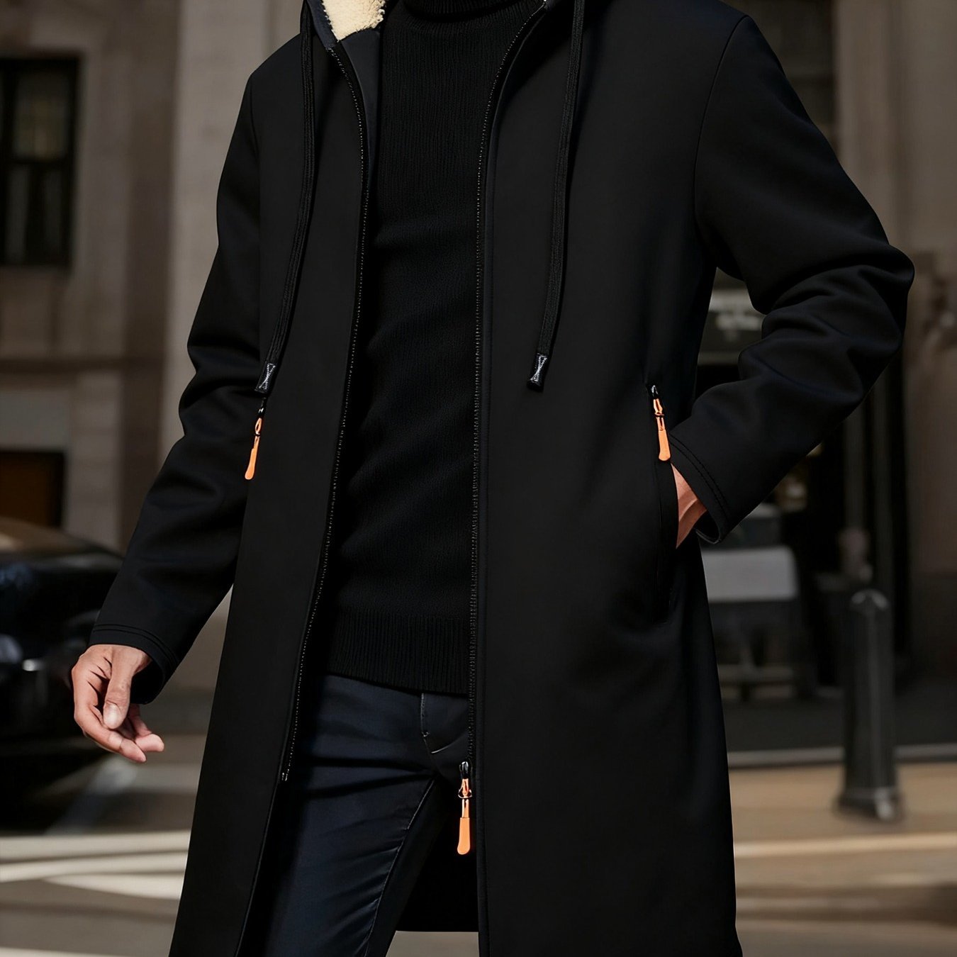 TEMU 1pc Autumn/winter Men's Fleece-lined Thickened Warm Long Coat Retro Spliced Mesh Mid-length Trench Coat Fashion Hooded Warm Coat Autumn/winter