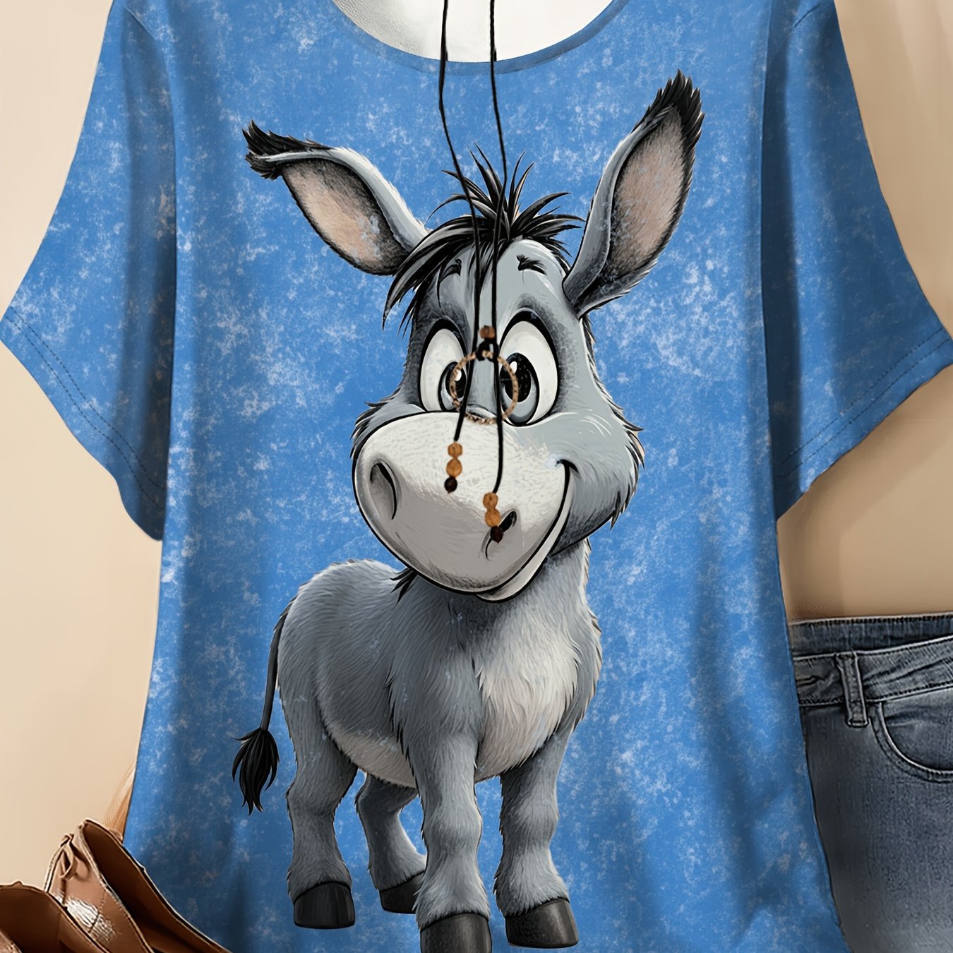 Image of Plus Size, Plus Size Women's Clothing - Crew Neck T-shirt With Cartoon , Vintage , Slightly Stretchy Fabric, Machine Washable, Suitable For Casual Wear, Women's Fashion Top