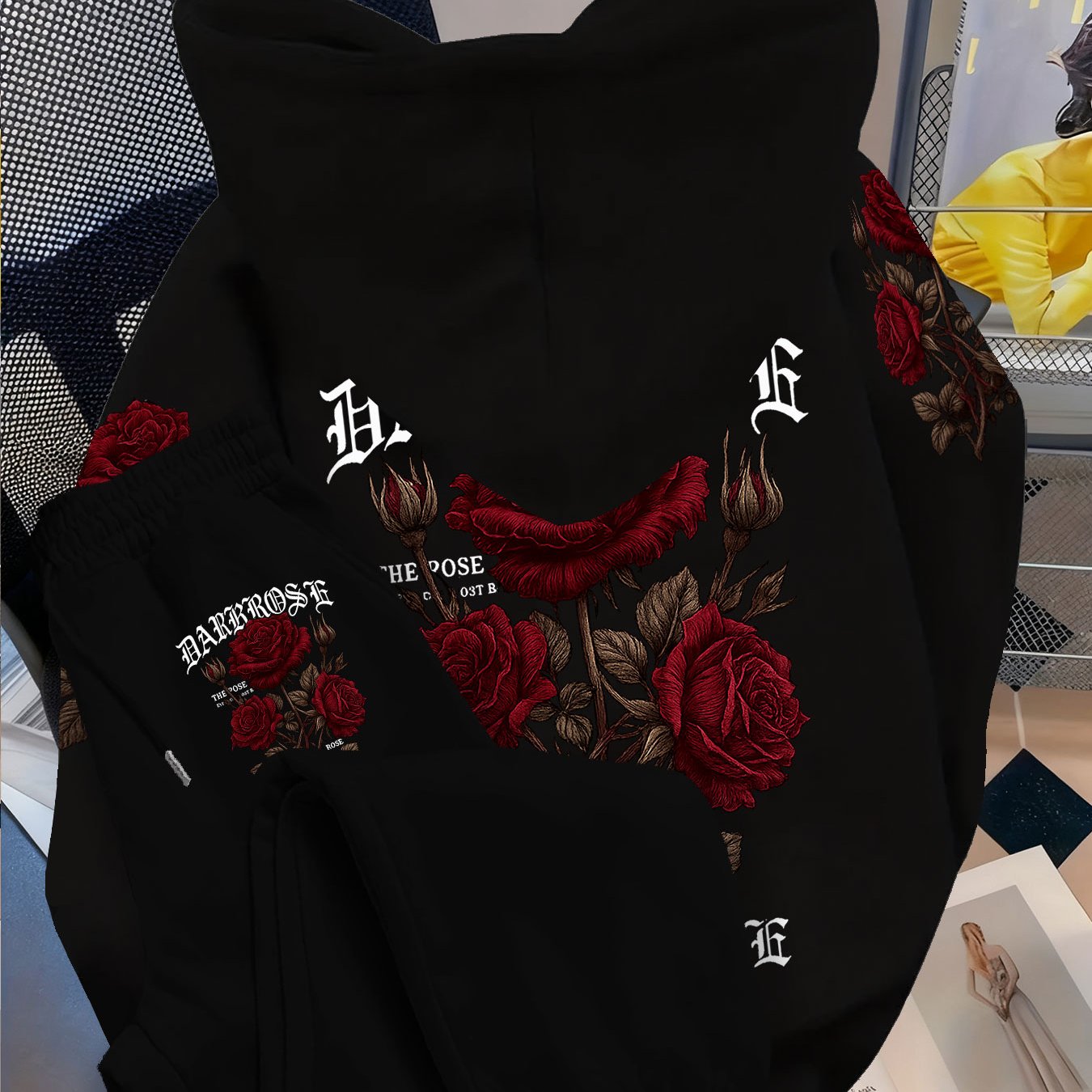TEMU Top And Pants Casual Fashion Outfit Rose Print Hooded Sweatshirt Set Print, Suitable For Outdoor Travel Fitness