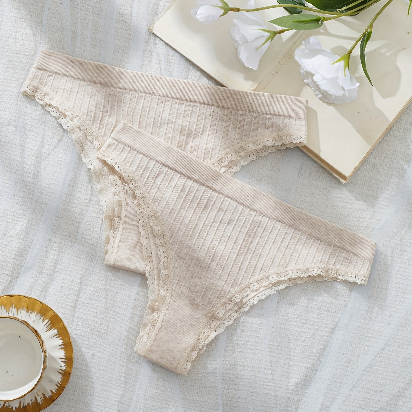 2pk Women&;s Underwear Oatmeal Wheat Ear Linear Pattern High-waisted Pants With Contrast Lace Trim