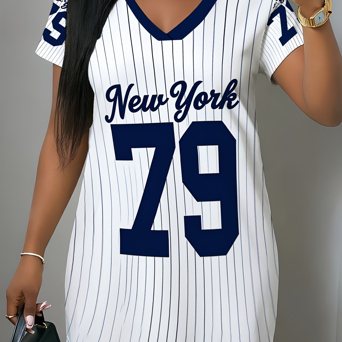 TEMU White Striped 79 Number Pattern, Summer V-neck Short Sleeve, Comfortable Mesh Breathable Regular Size Women's Long Length Top, Summer Fashion