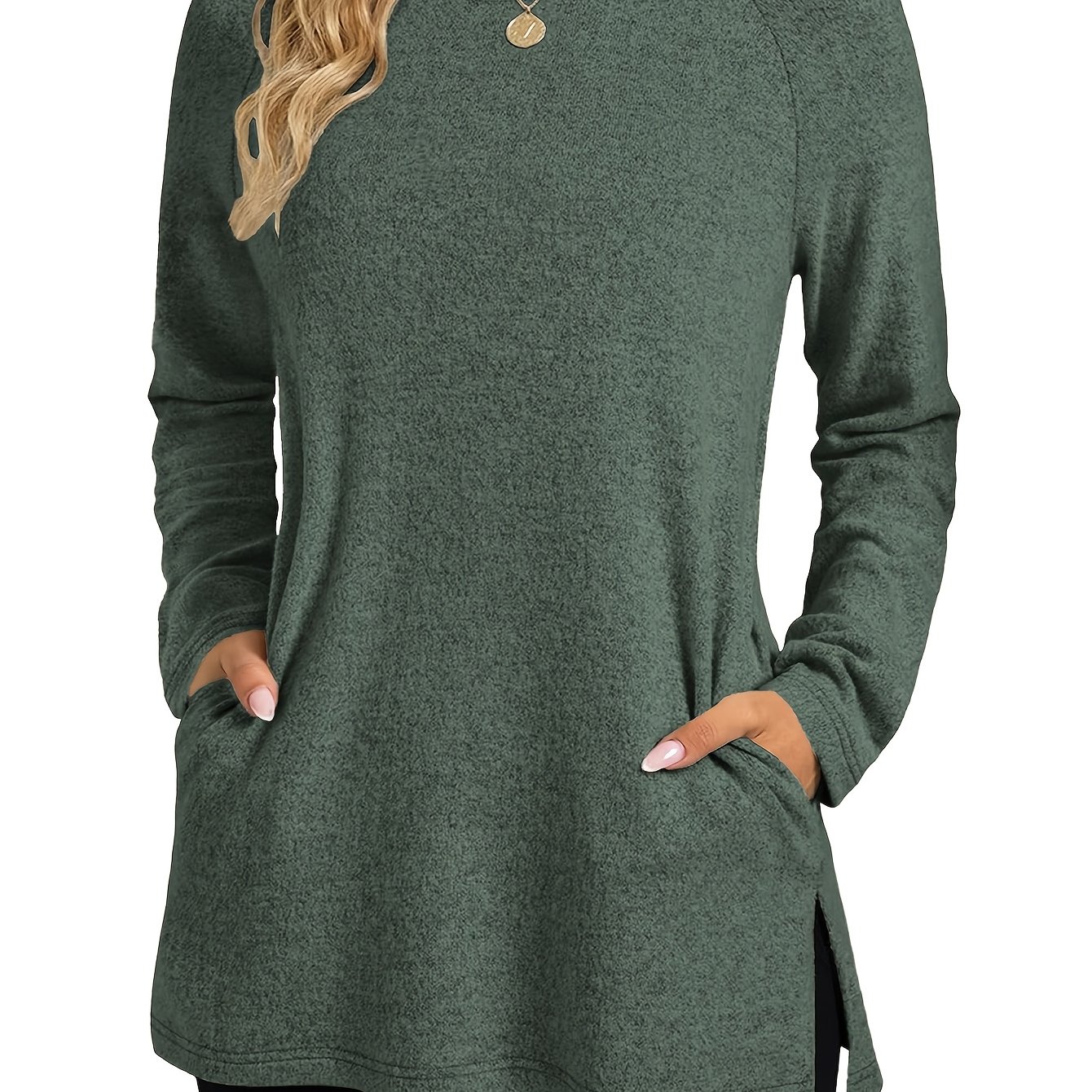 TEMU T-shirt long ample et long pour femme avec poches - Coupe ample, col rond, manches longues - Haut compatible, couleur unie, lavable en machine -
