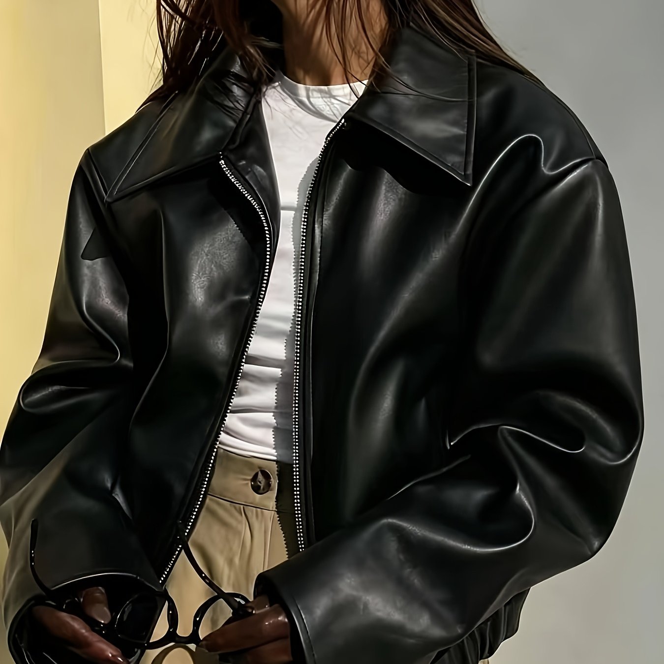 TEMU Ladies Fashion Casual Faux Leather Jacket Top