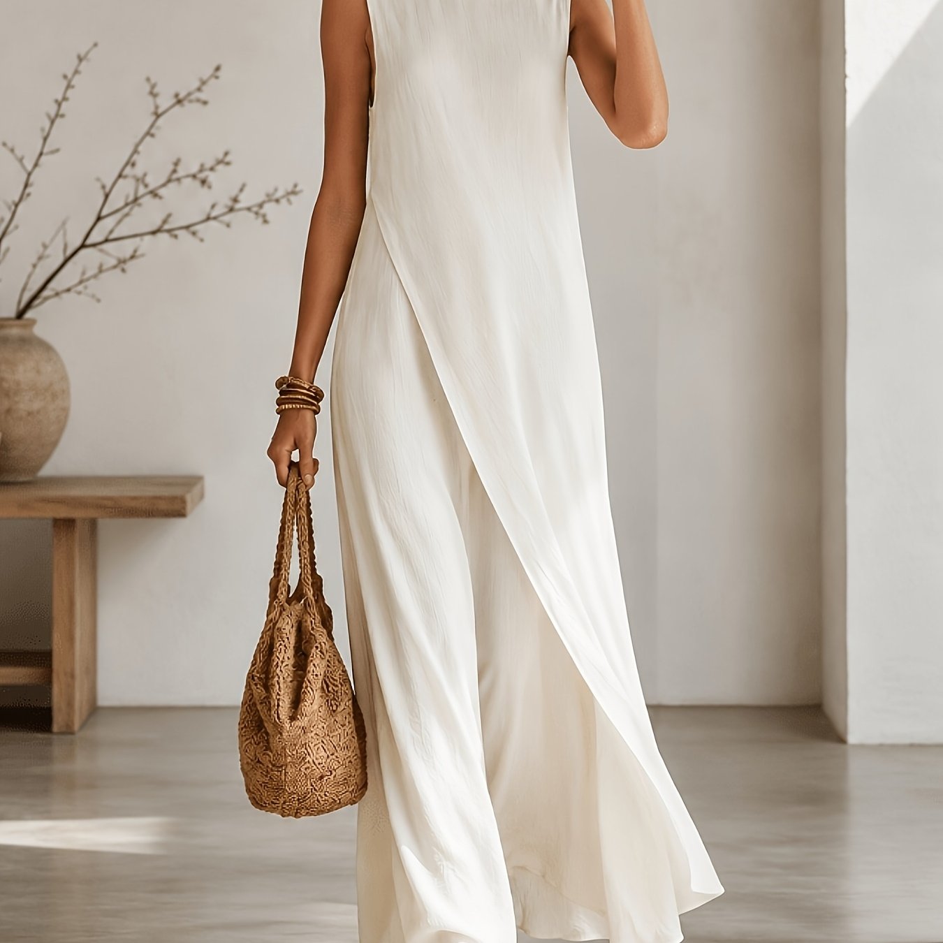 TEMU Abito da donna estivo minimalista casual senza maniche, elegante, , con scollo e statement, facile da indossare