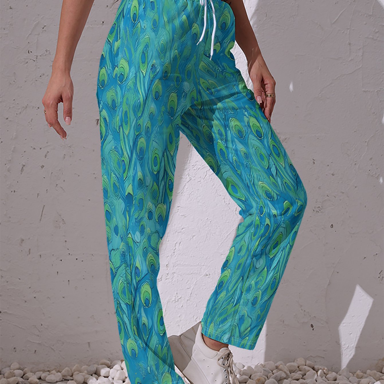 TEMU Women's Casual Pants With Peacock Pattern, Teal And , Vibrant And , Exotic-, With Drawstring