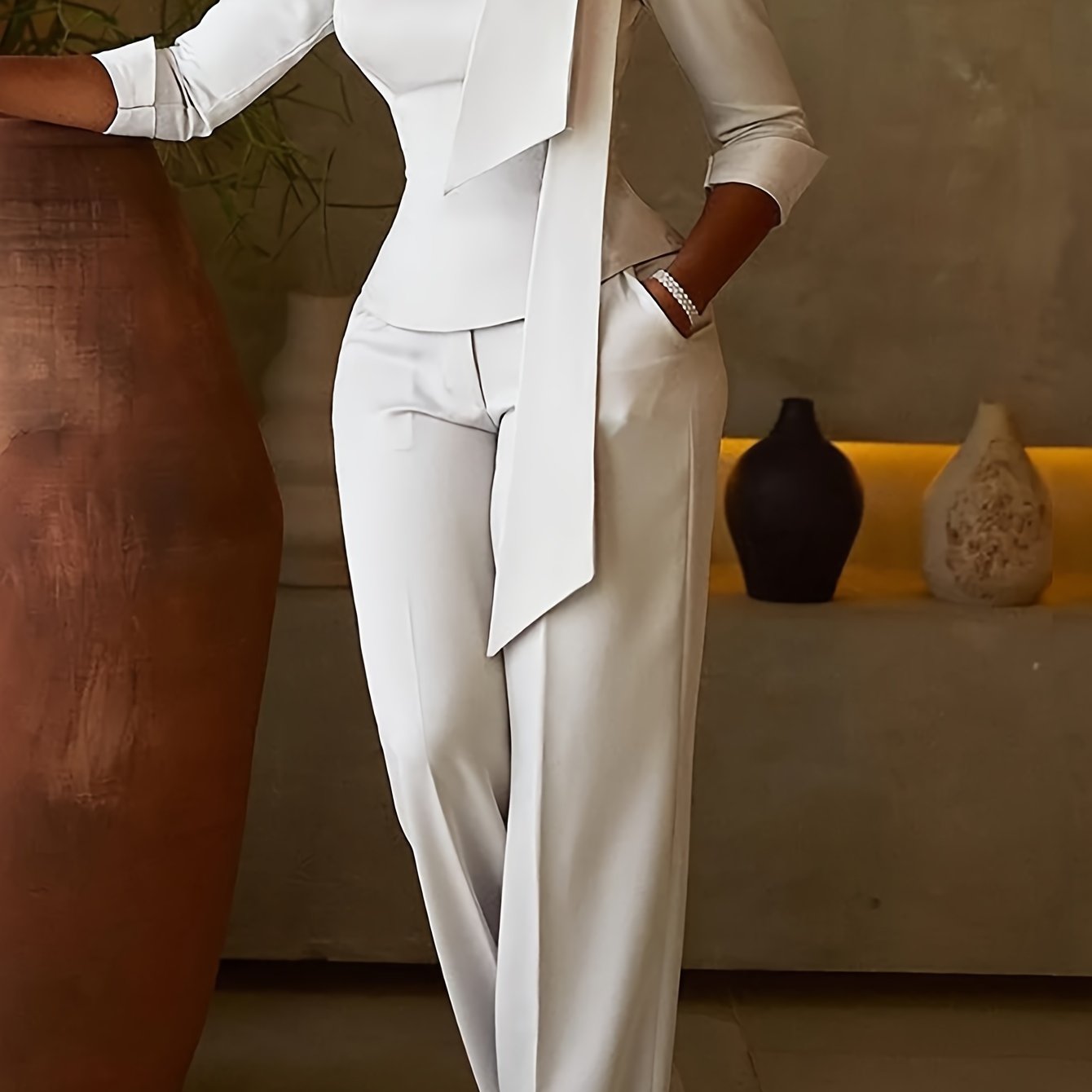 TEMU Solid Color Elegant Set, Slim Long Sleeve Top & Straight Leg Pants, Women's Clothing