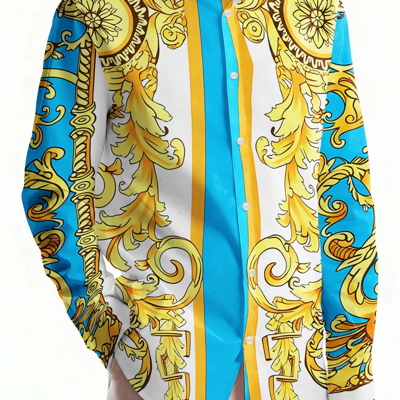TEMU Men's Casual Shirt, Blue With Golden Baroque Floral Pattern, Exquisite Print Long Sleeve Tie-back Shirt, Lightweight Top