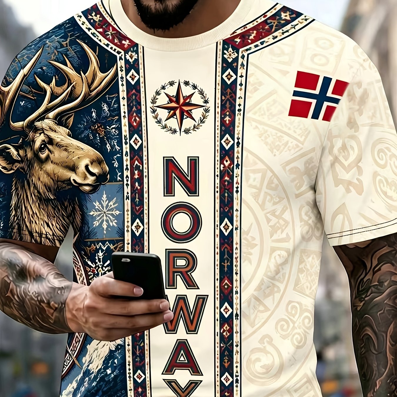 TEMU Men's Summer Fashion Comfortable Short Sleeve T-shirt, Fjord Viking Print Short Sleeve Top, Trendy Casual Athletic Short Sleeve, Suitable For