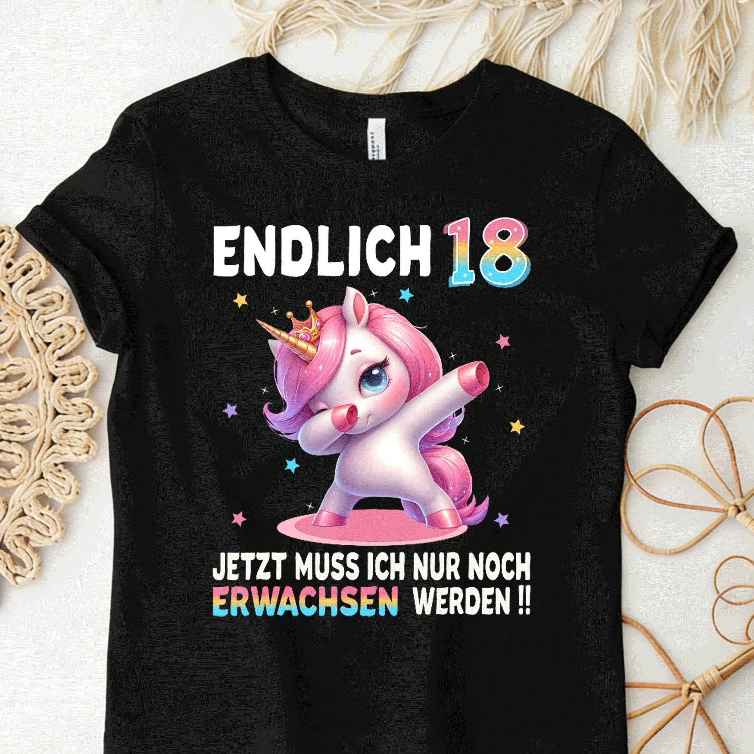 Image of 18th Birthday Party Outfit Funny Unicorn T-shirt Black For Men Women Unisex Funny T-shirt, 180g