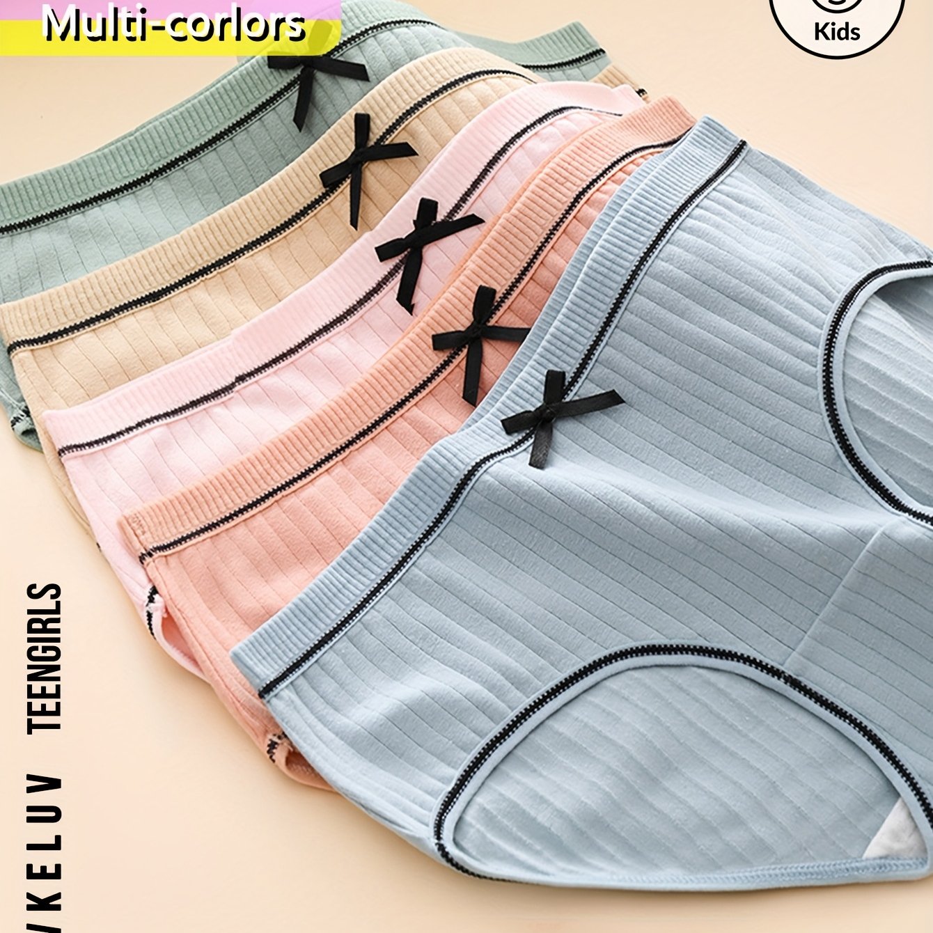 5pcs Multicolor Girls Ribbed Triangle Panties, Contrast Striped And Dot Embellishment, Bow Decor, Solid Comfortable Mid-rise Design Thin Breathable Underwear, Random Color
