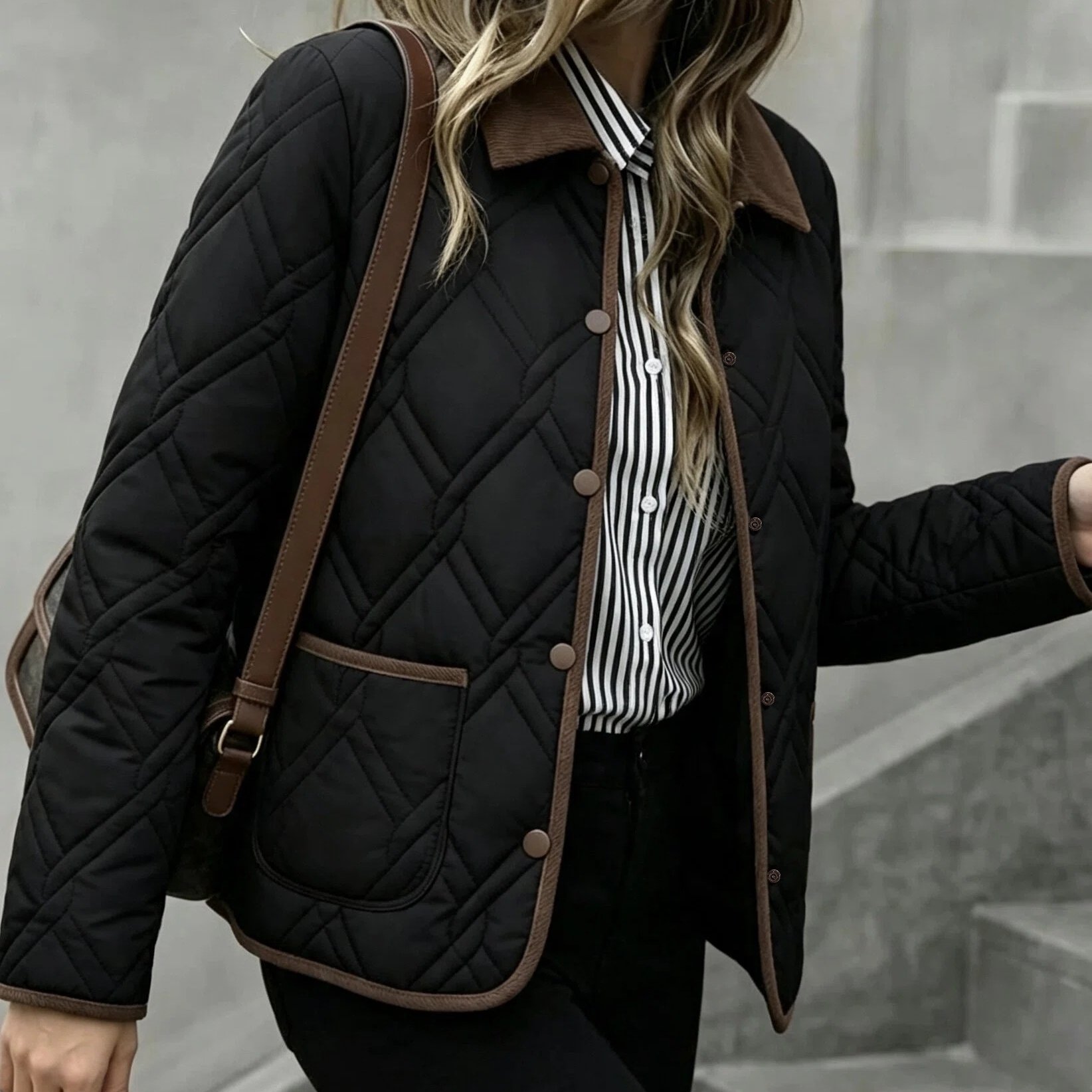 TEMU Women's Slim-fit Lapel Short Jacket For Spring, Autumn, And Winter, Wrinkle-resistant Outerwear With Quilted Embroidery Design, Zipper Closure /
