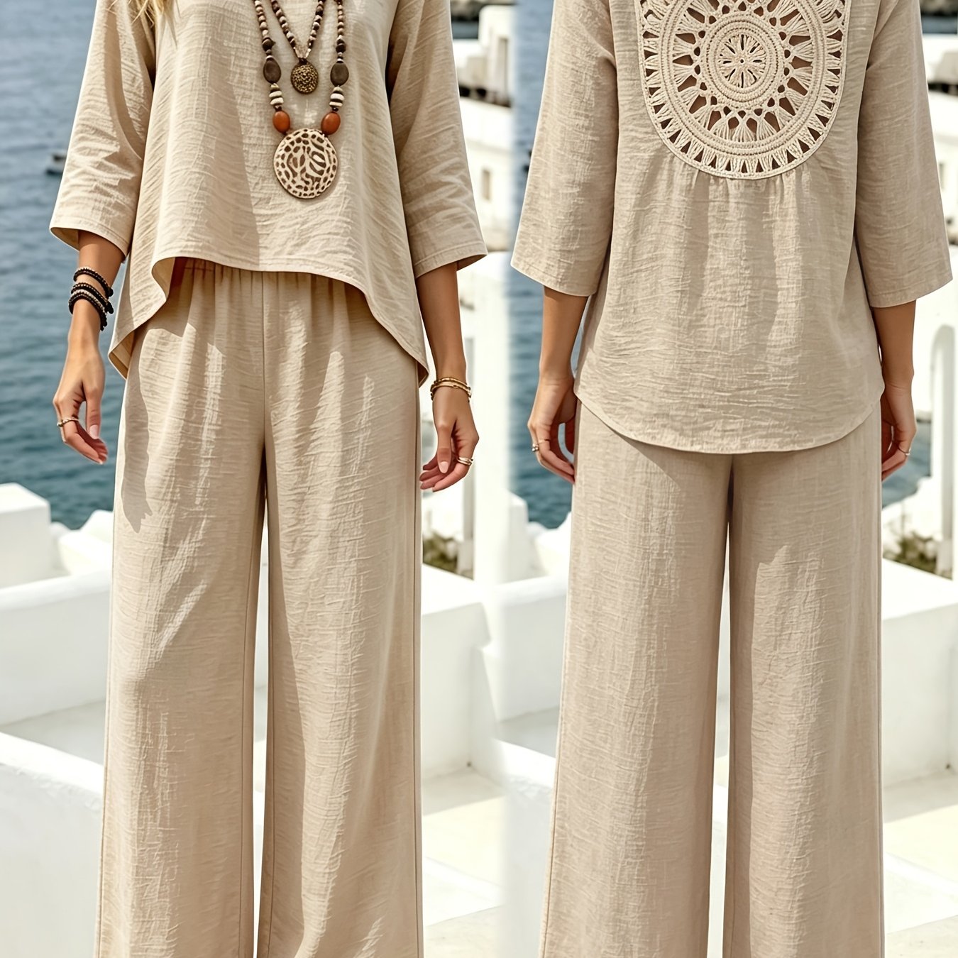 TEMU Elegant Solid Color 3/4 Sleeve Top And Wide-leg Pants Set, Lace Hollow , Women's Pants Suit