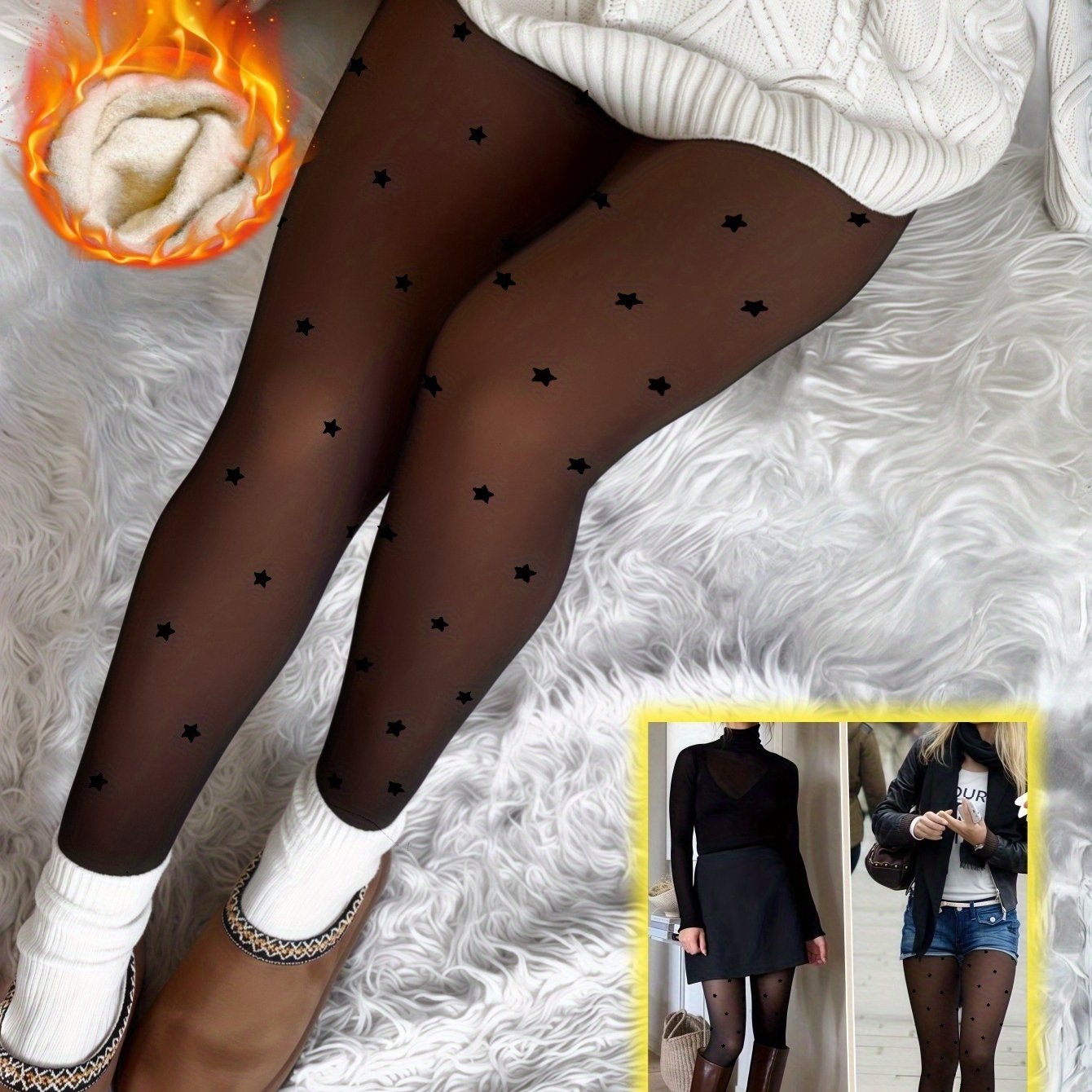 Image of Women's Black Star Fleece-lined Warm Tights, High-elasticity Slim-fit Pantyhose For Party Wear