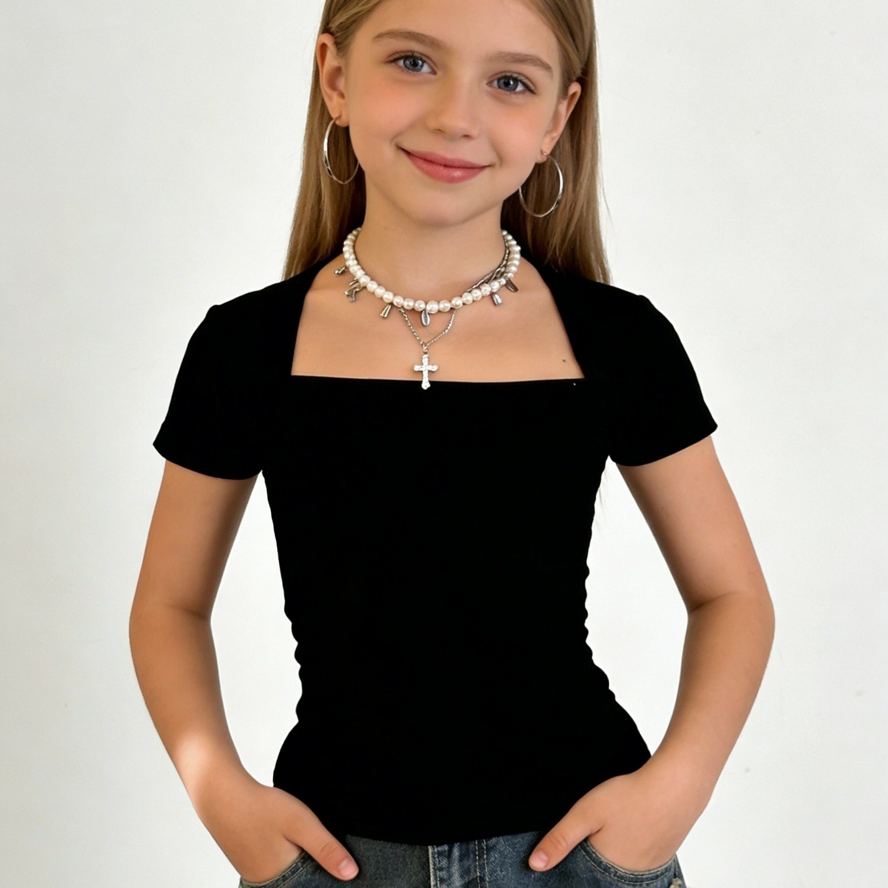 Girls' Summer Casual Versatile Temperament Solid Neck Short Sleeve T-shirt Top