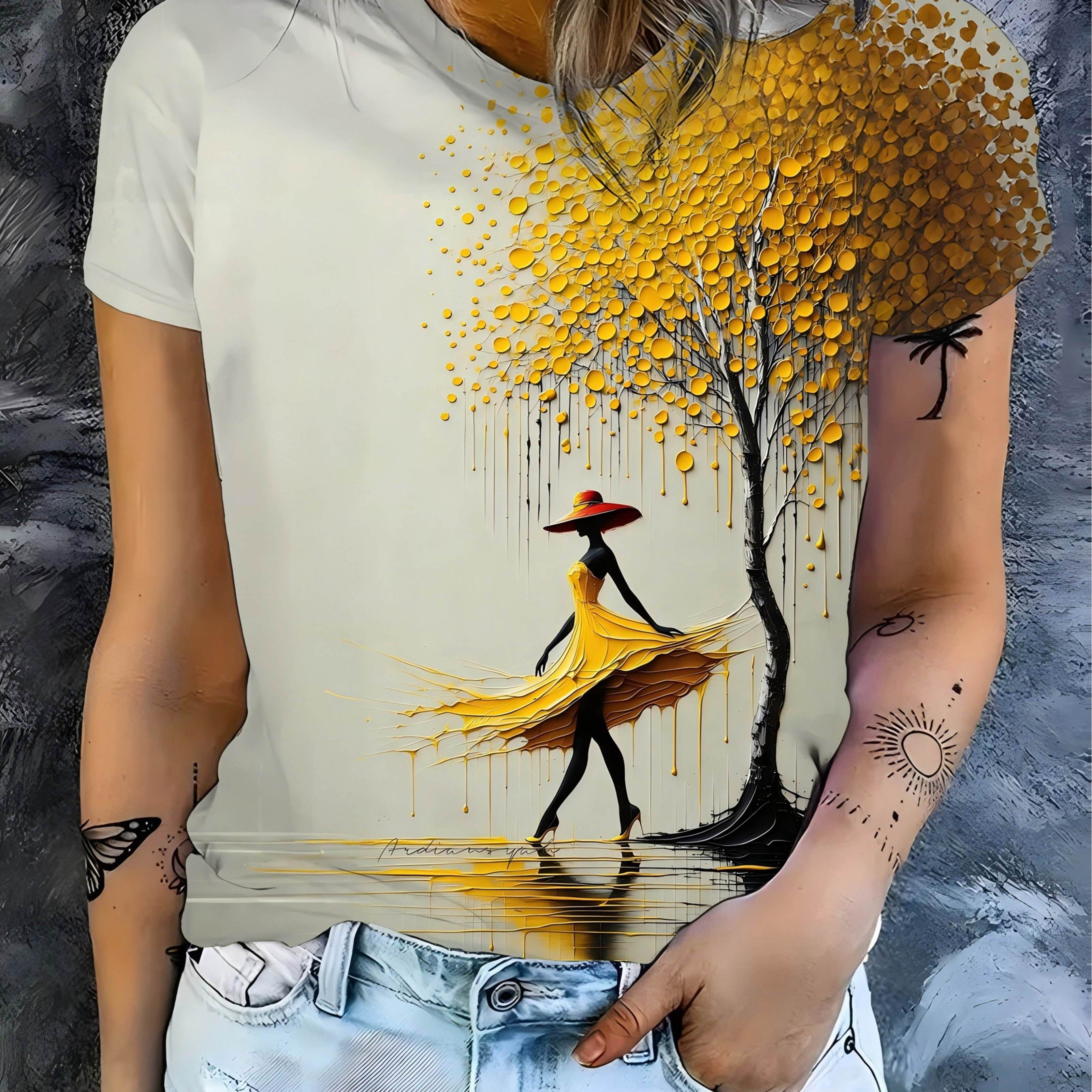 TEMU Stylish Women's T-shirt Featuring An Elegant Shadow, Perfect For Casual . This Unique Short-sleeve Top Is Machine Washable, Making It A Great