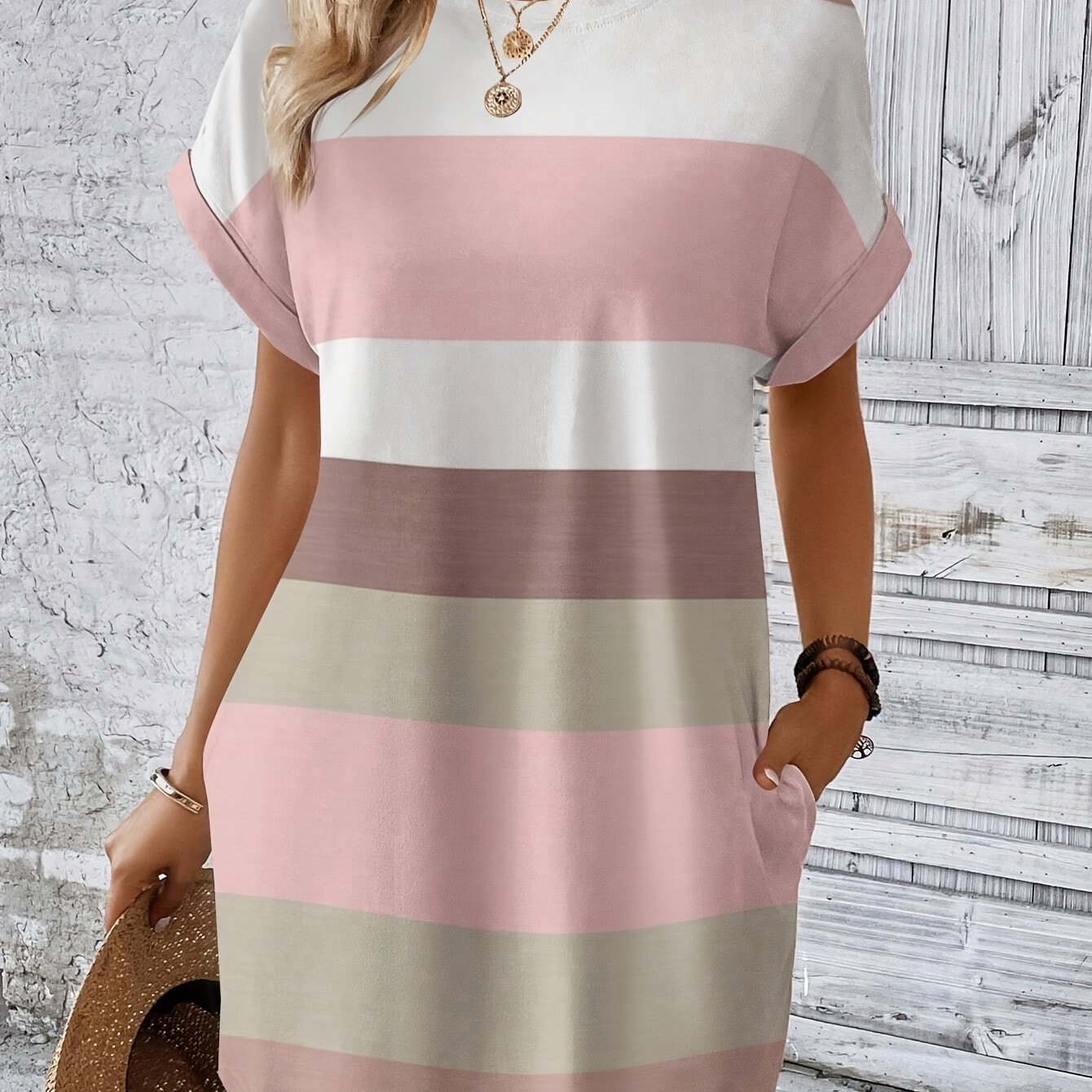 E-shop Damen-T-Shirt-Kleid in Übergröße, gestreift, lässig, locker, kurzärmelig, Sommerkleid mit