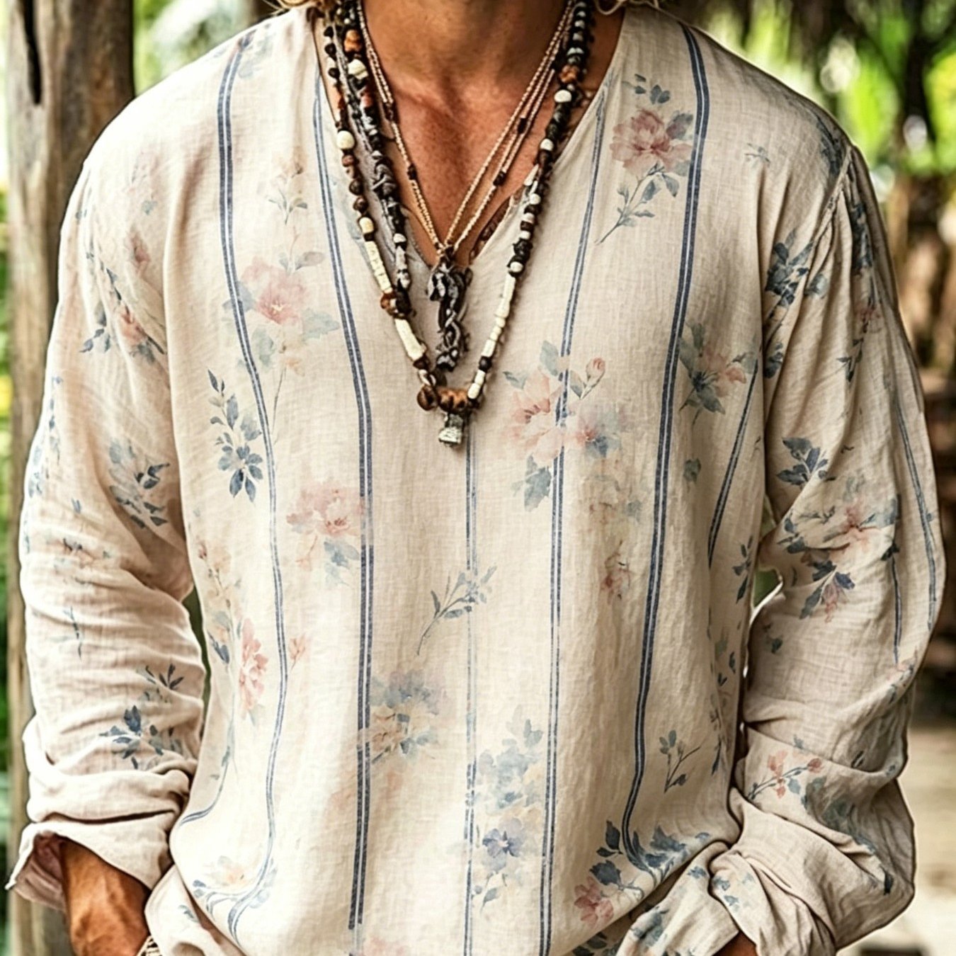 New Autumn Men's Plus Size Boho V Neck Long Sleeve Shirt Trendy Geometric Print, Perfect For Daily Holiday Gifts, Plus Size