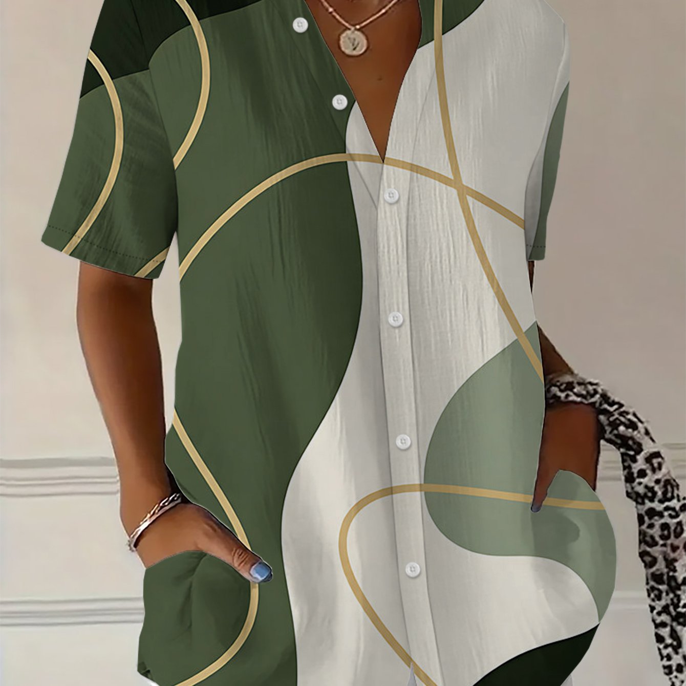 TEMU Women's Comfortable Loose-fit Printed Blouse, Elegant And Casual Fashion Short Sleeve With Abstract Geometric Line Pattern, Versatile Daily Wear