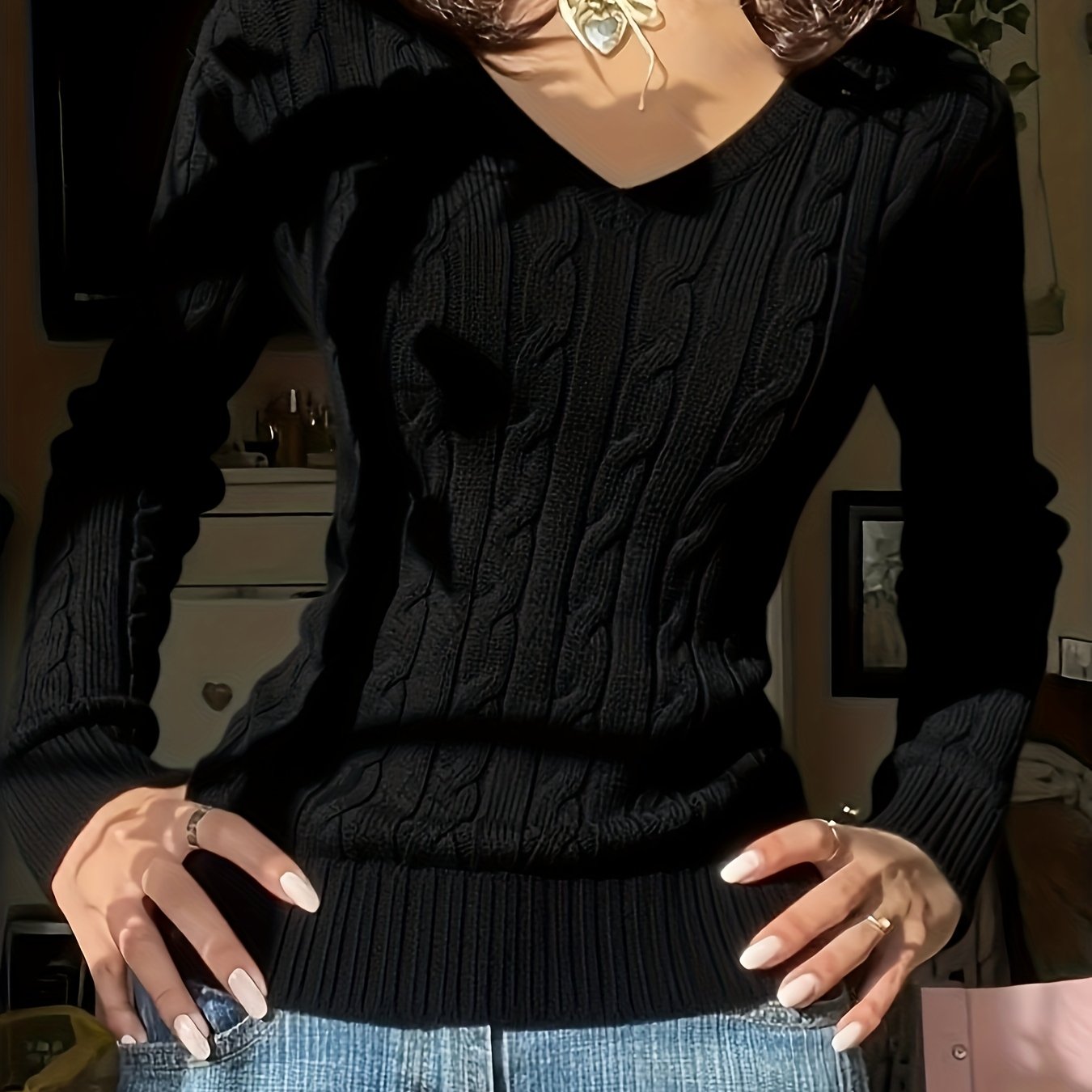 TEMU Elegant Women' Color V-neck Textured Fabric Comfortable Long Sleeve Sweater