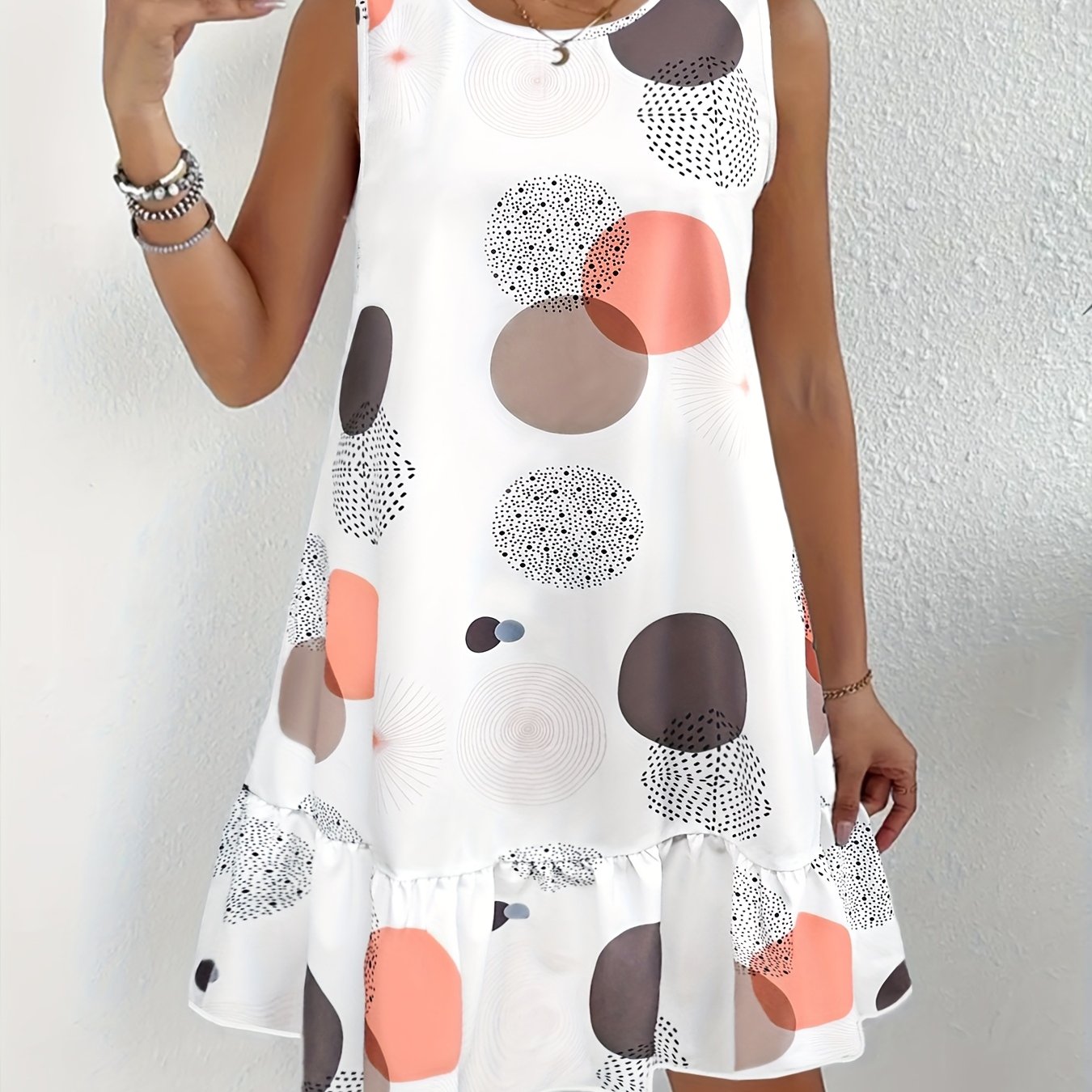 Image of Summer Women's Fashion Polka Dot Print Sleeveless Vest Dress Round Neck Casual Elegant Spliced Dress Women's Clothing