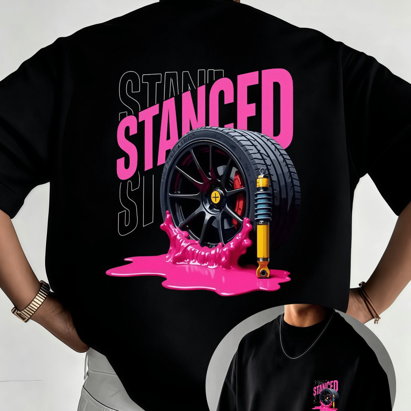 TEMU European And Modified Car Stanced Themed Print Men's Crew Neck Short Sleeve T-shirt, Trendy Graffiti Style Modified Wheel And Suspension Graphic