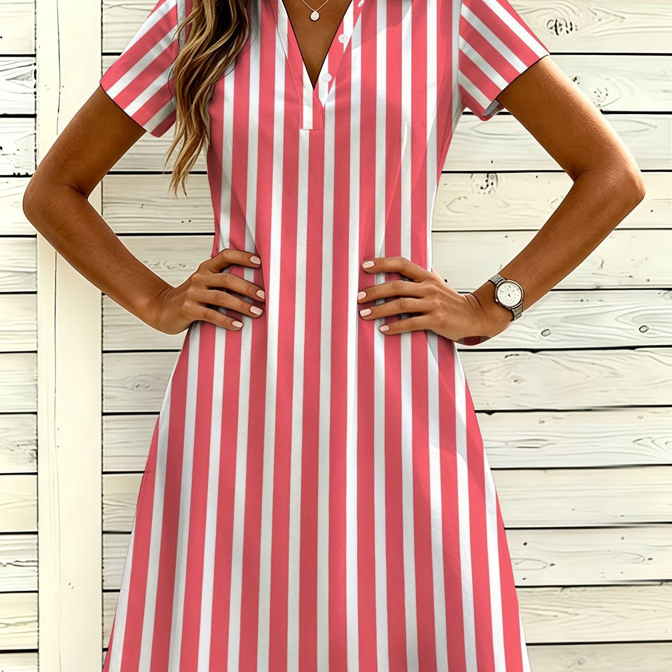 TEMU Plus Size - Plus Size - Women's Fashion Shirt Dress, V-neck Button Dress, Dopamine Color Block Striped Print