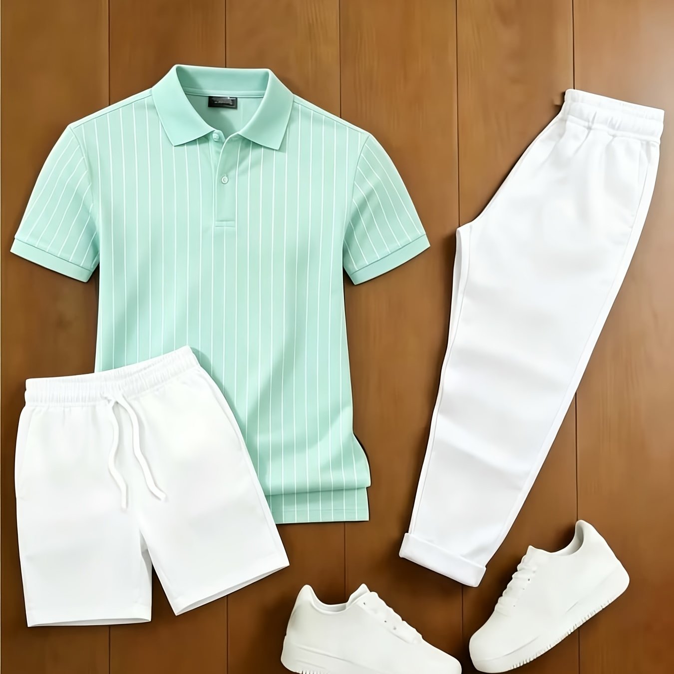 TEMU Completo Polo a Righe Verticali da 3 Pezzi, Camicia a Maniche Corte con Pantaloni Coordinati, Outfit Traspirante per Estate, Vacanze al Mare e