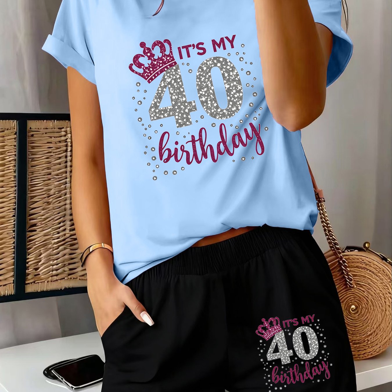 TEMU 2pcs Women's Spring Short Sleeve Set - Shining Crown 40th Birthday Letter Print Short Sleeve Shorts Set, Comfortable Soft Breathable Sportswear
